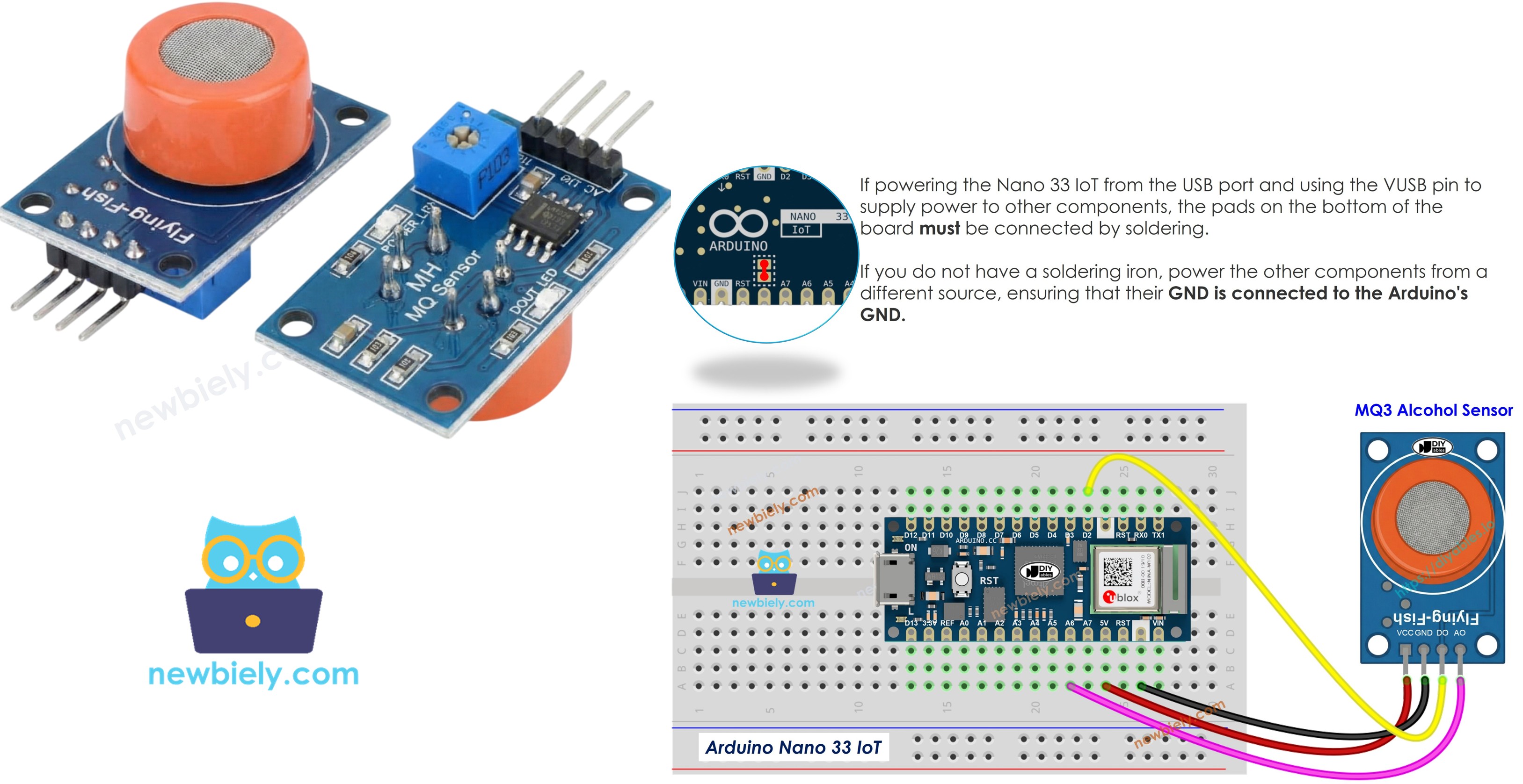 Arduino Nano 33 IoT with MQ3 alcohol gas sensor module