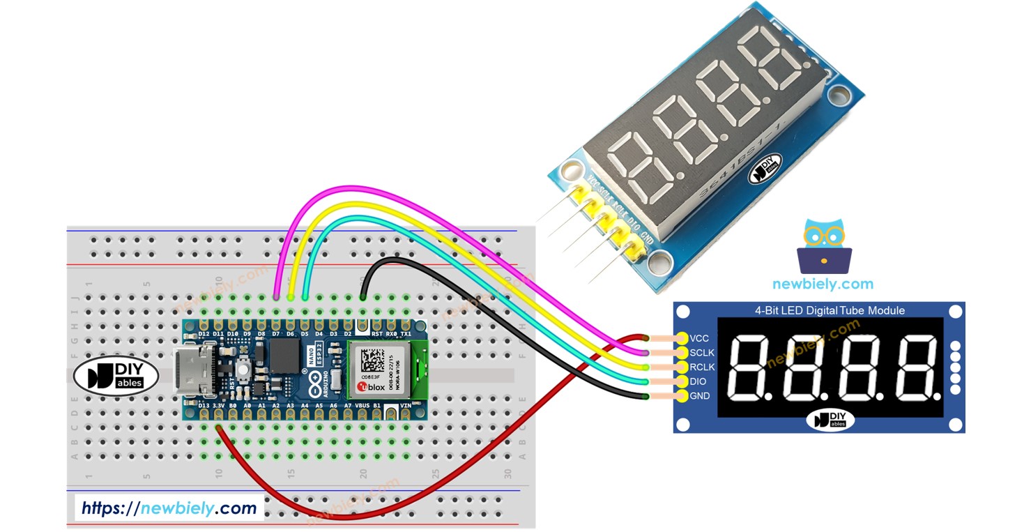 Arduino Nano ESP32 74HC595 4-digit 7-segment display