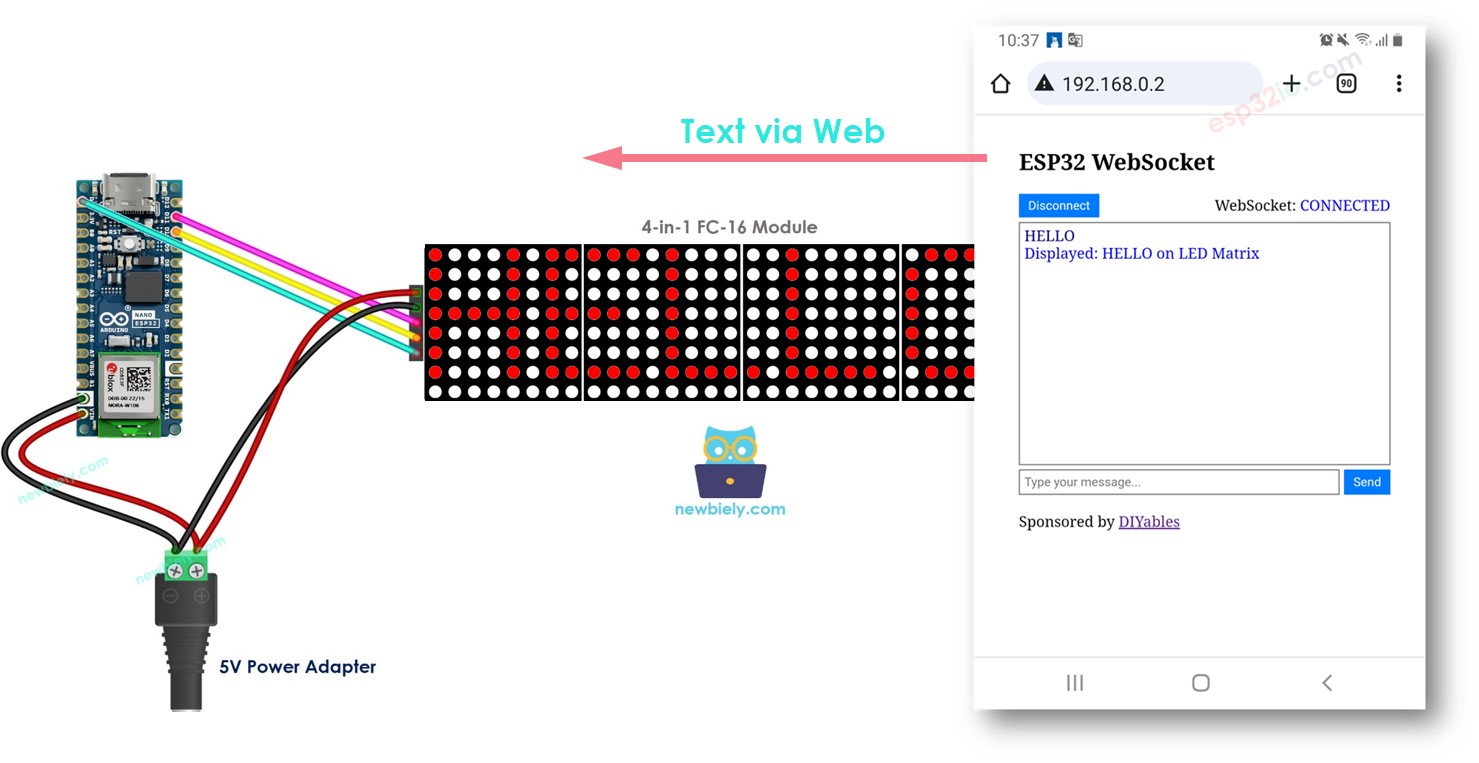 Arduino Nano ESP32 controls LED matrix signboard via web