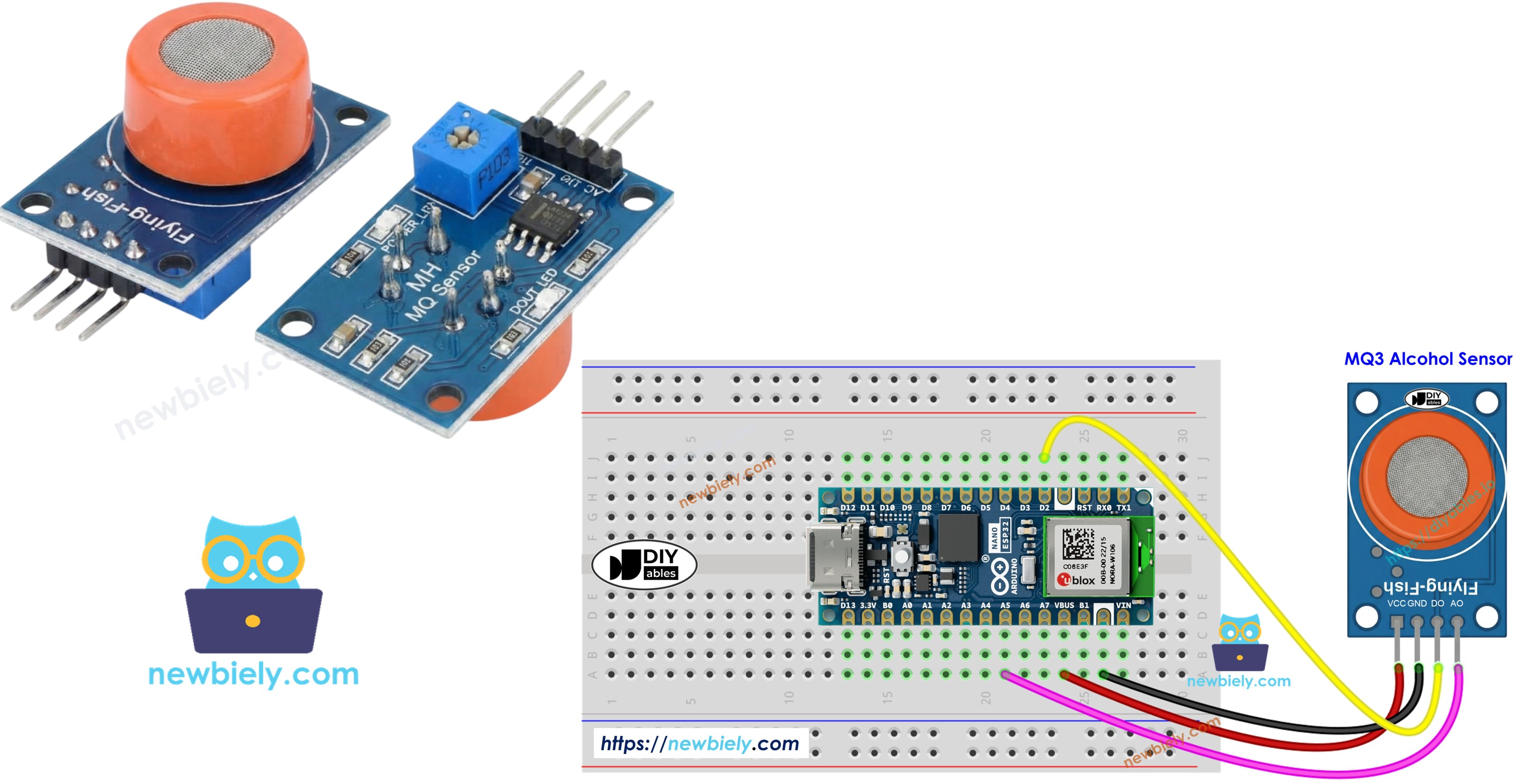 Arduino Nano ESP32 with MQ3 alcohol gas sensor module