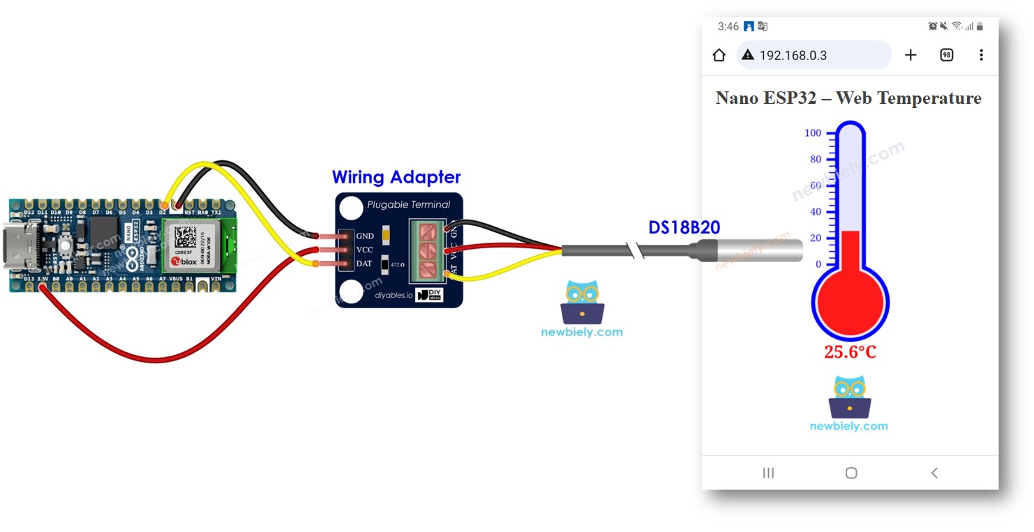 Arduino Nano ESP32 DS18B20 temperature sensor web server