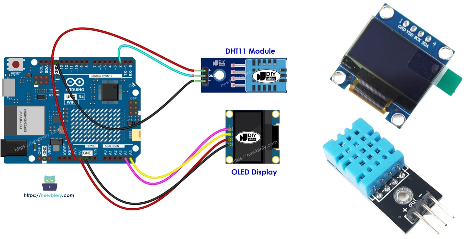 Arduino UNO R4 DHT11 temperature humidity sensor module OLED display