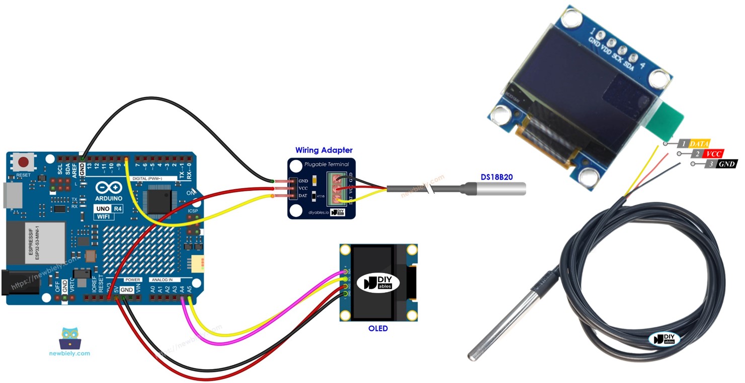 Arduino UNO R4 DS18B20 Temperature Sensor OLED