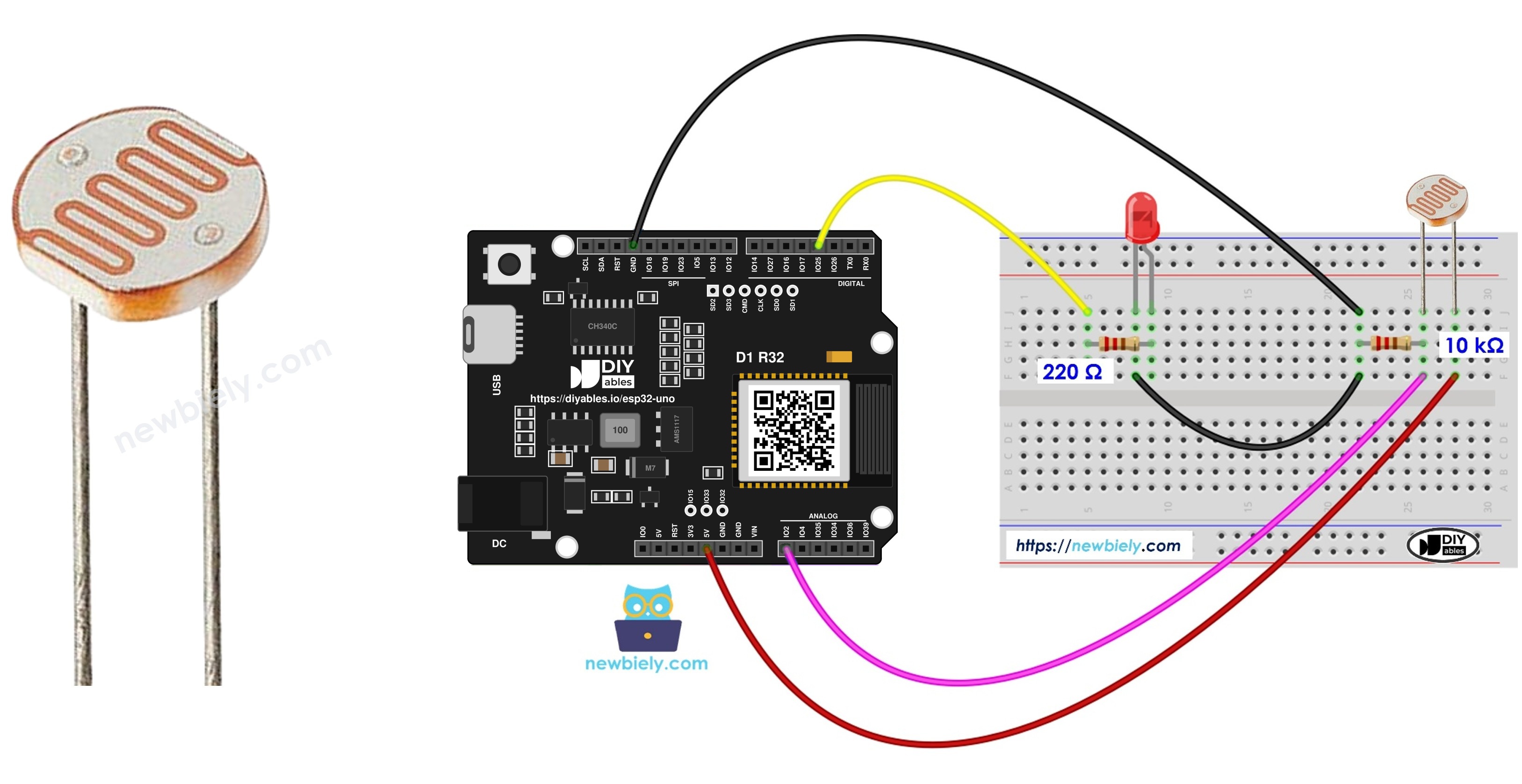 ESP32 Uno light sensor controls LED