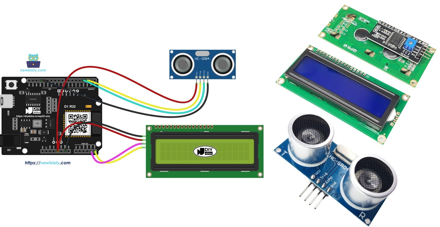 ESP32 Uno ultrasonic sensor LCD