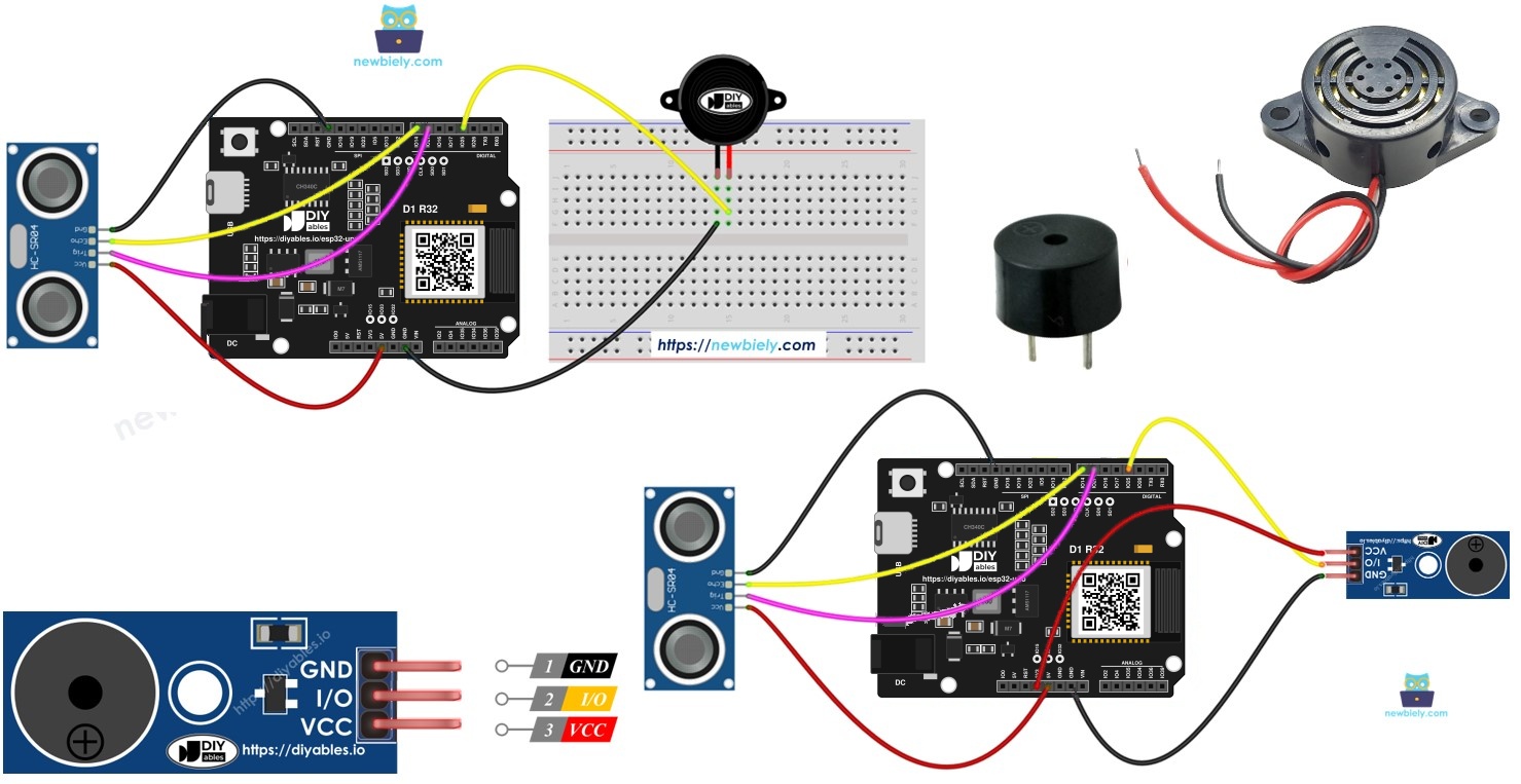 ESP32 Uno ultrasonic sensor piezo buzzer