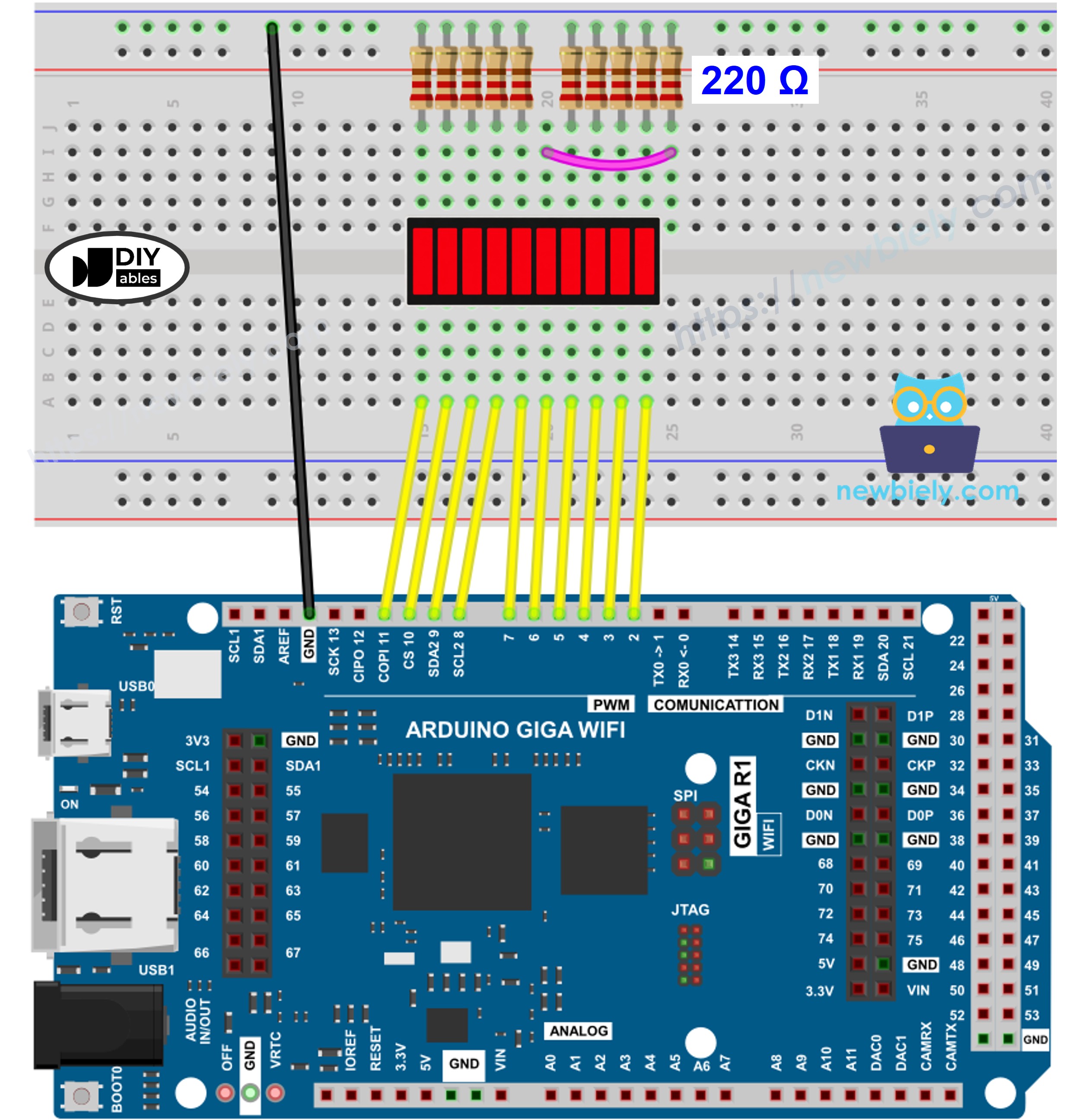 The wiring diagram between Arduino GIGA R1 WiFi and 10 Segment LED Bar Graph