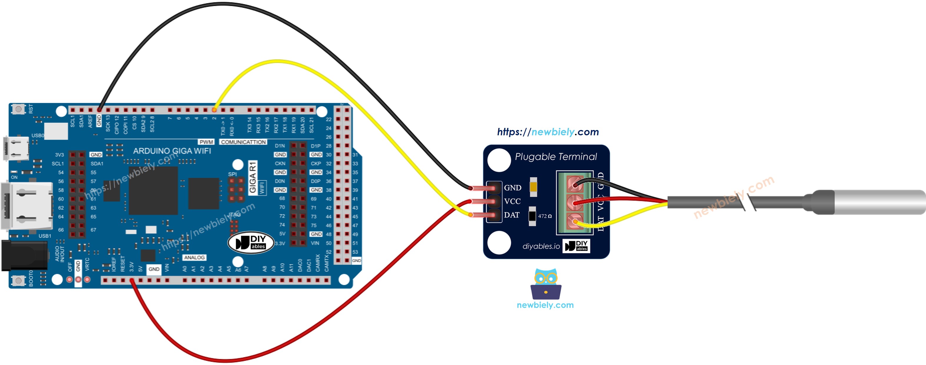 The wiring diagram between Arduino DS18B20 adapter