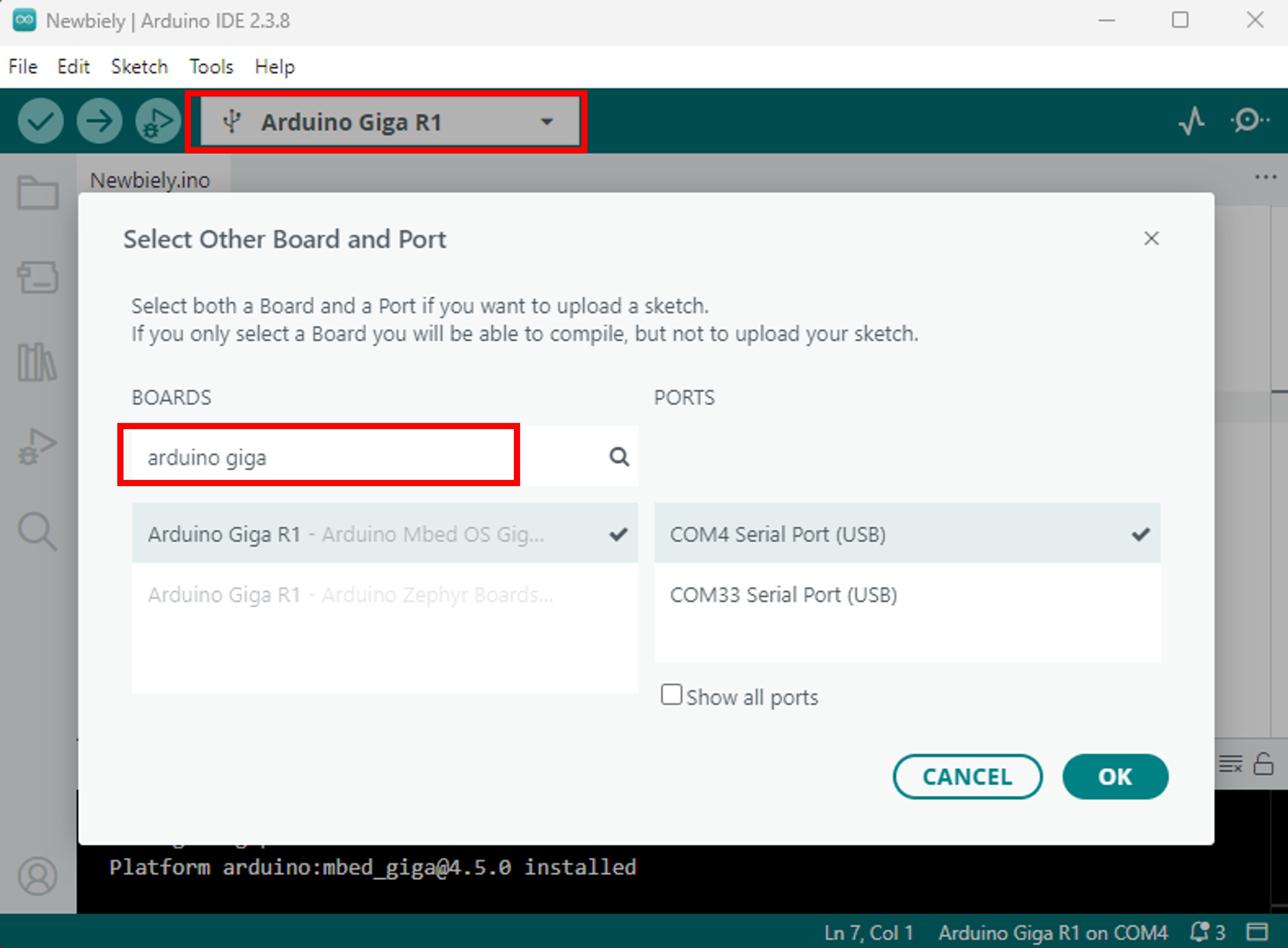 Arduino IDE 2 Giga R1 WiFi port