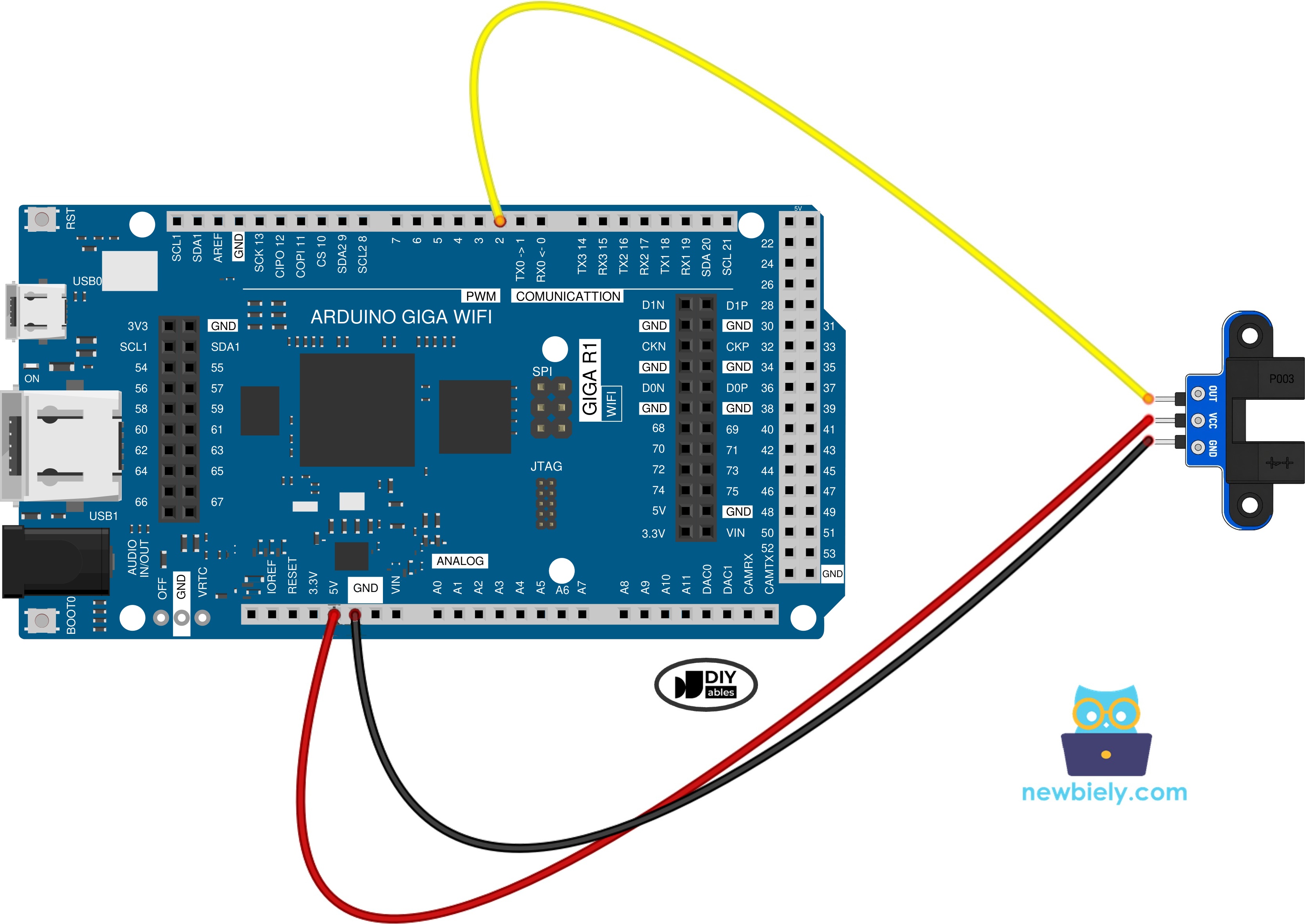 The wiring diagram between Arduino Giga R1 WiFi IR slotted optical speed sensor