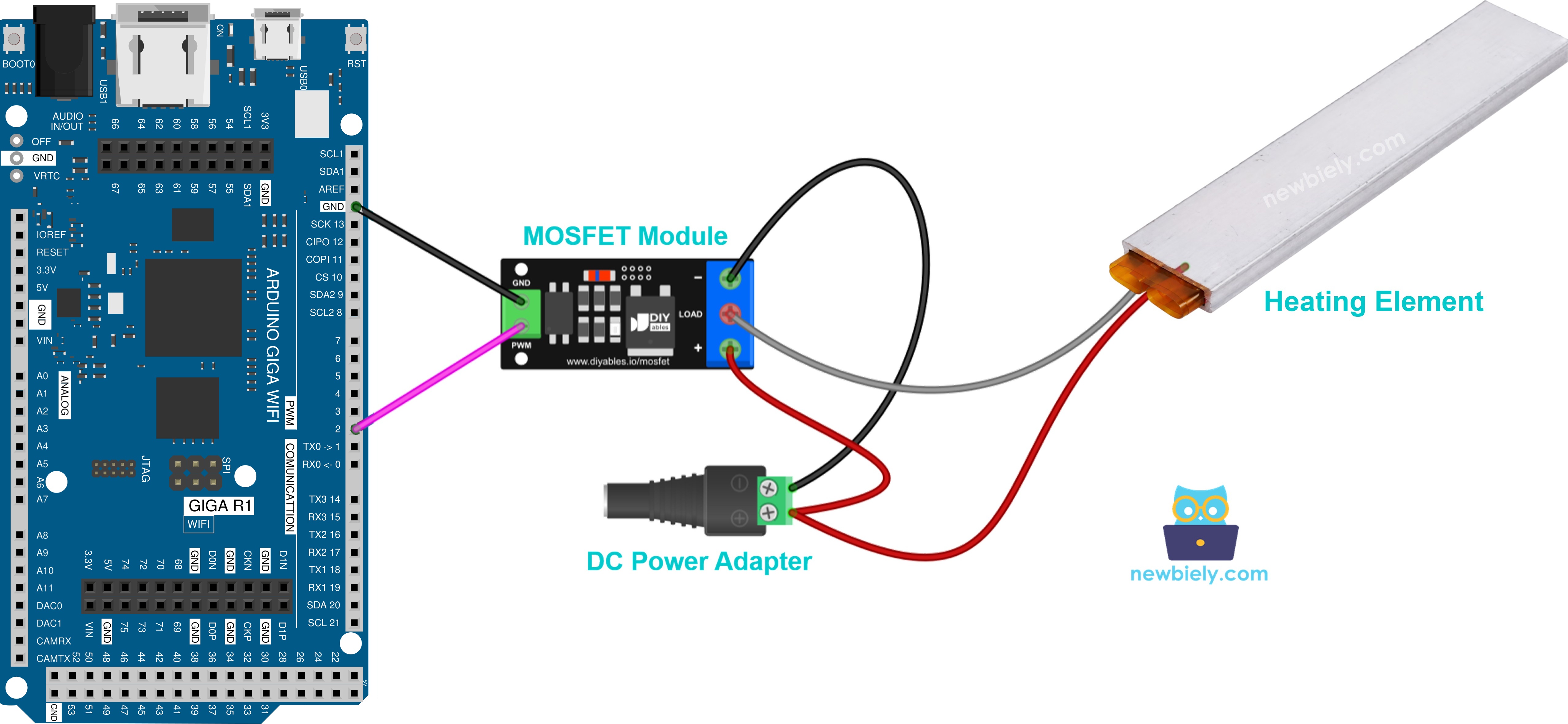 The wiring diagram between Arduino Giga R1 WiFi heating element MOSFET module