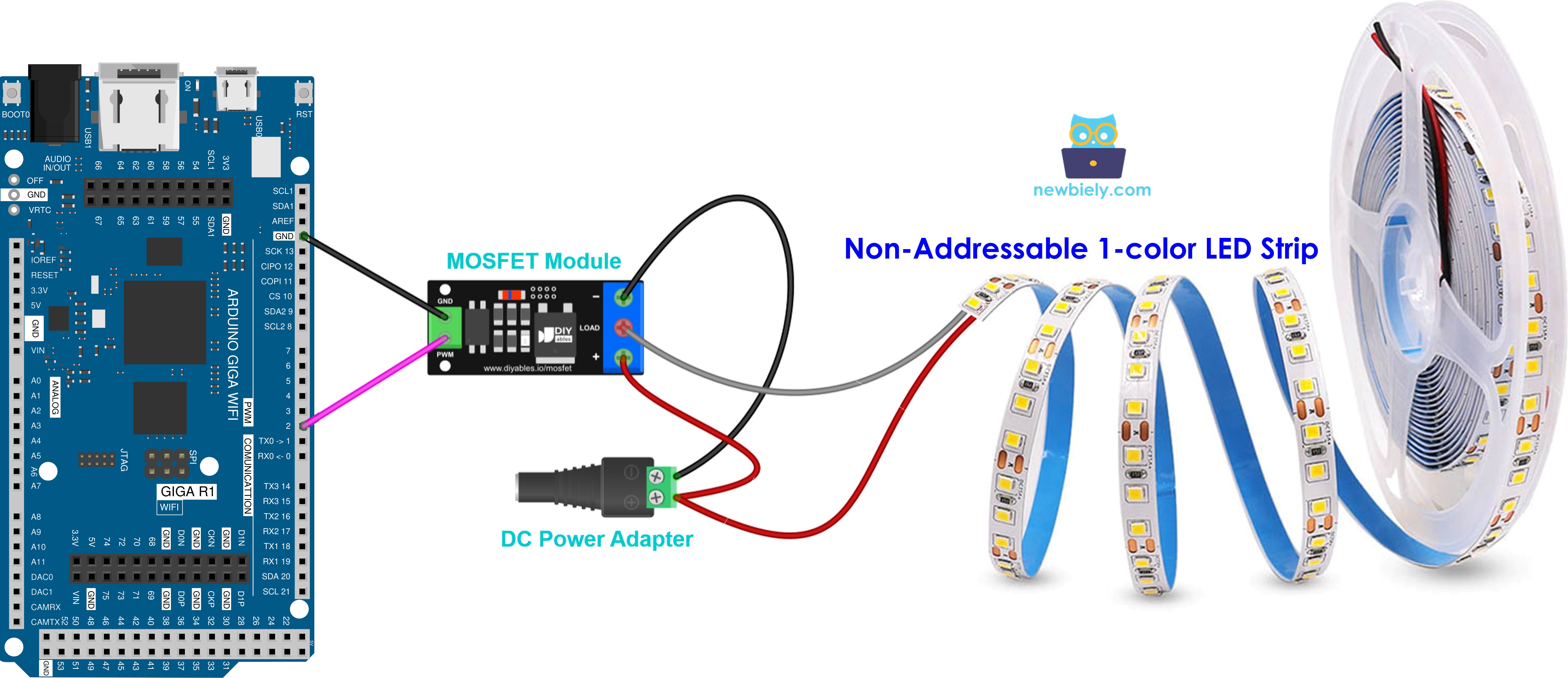 MOSFET module wiring for a single-color 12V LED strip