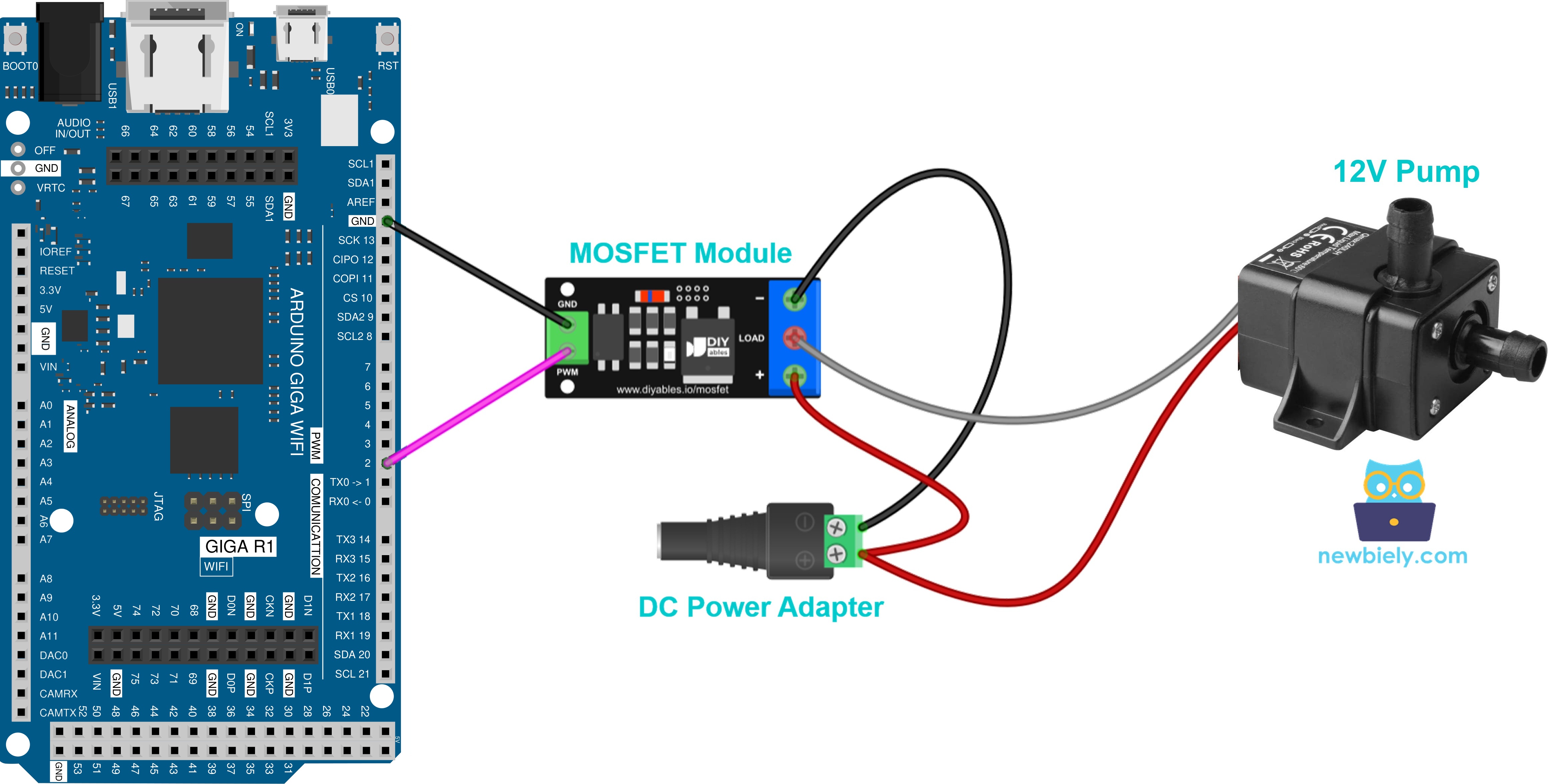 12V water pump connected to the MOSFET module