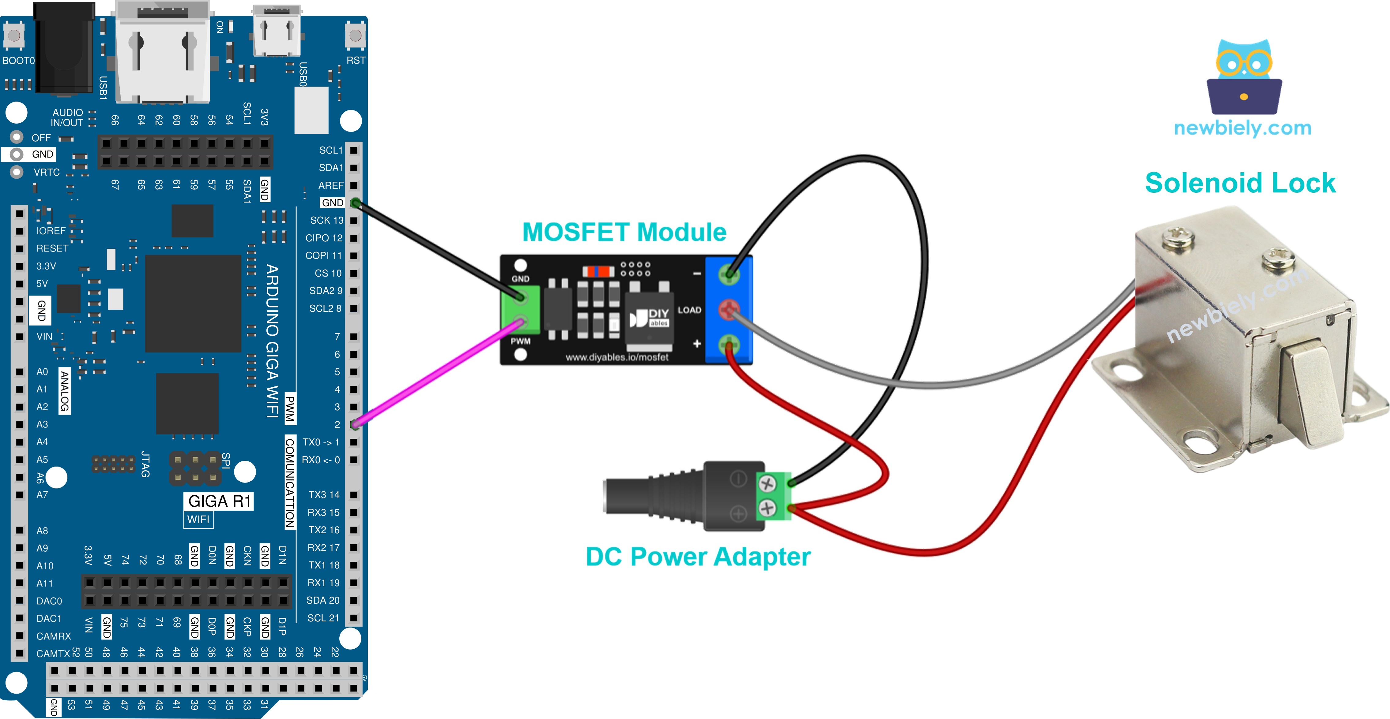 The wiring diagram between Solenoid lock 12V with MOSFET module