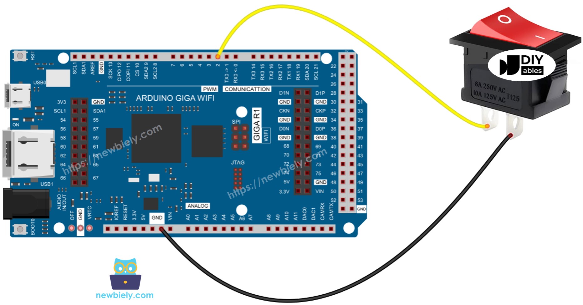 The wiring diagram between Arduino ON/OFF Switch