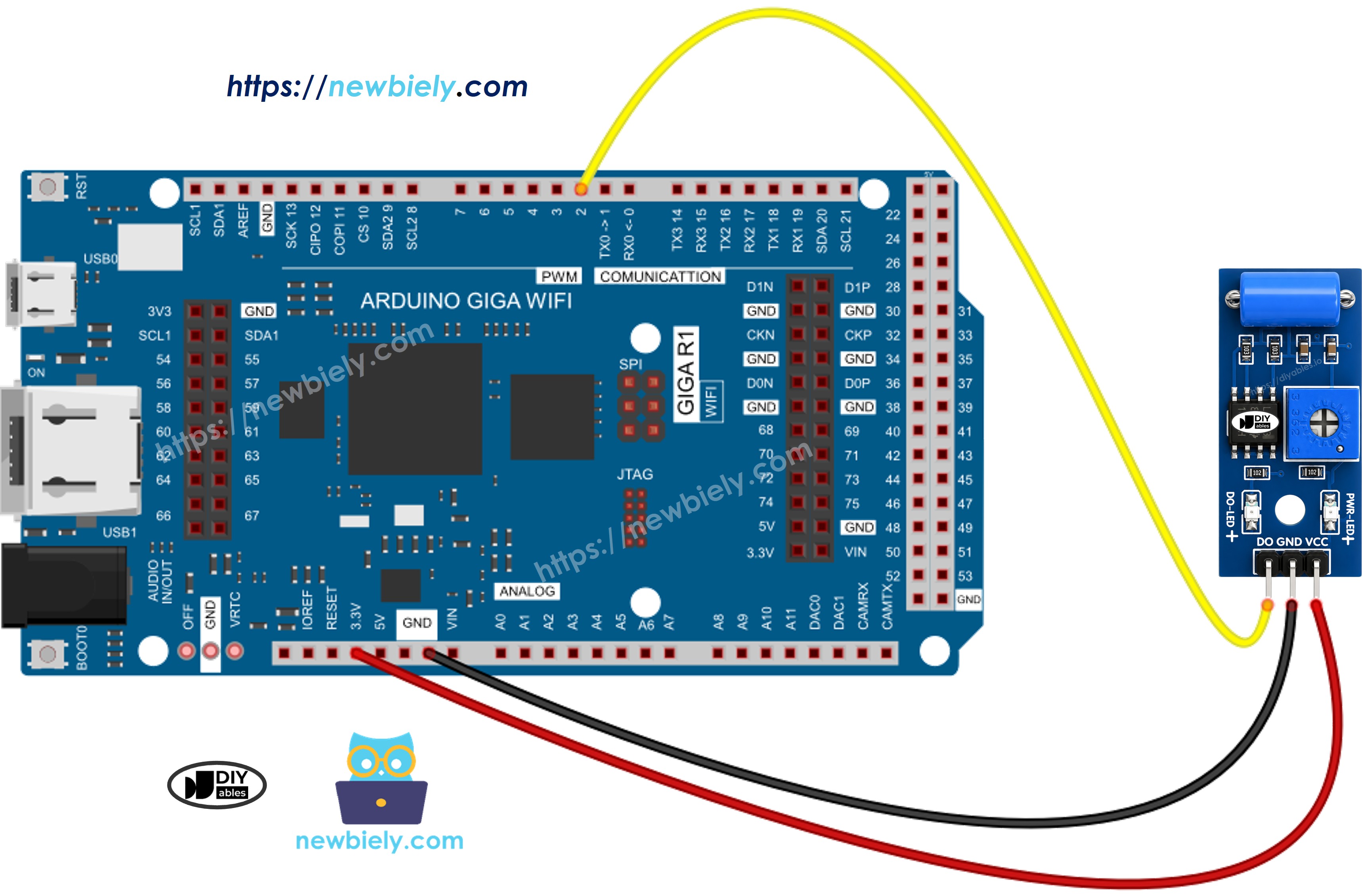 The wiring diagram between Arduino Giga R1 WiFi SW-420 Vibration Sensor