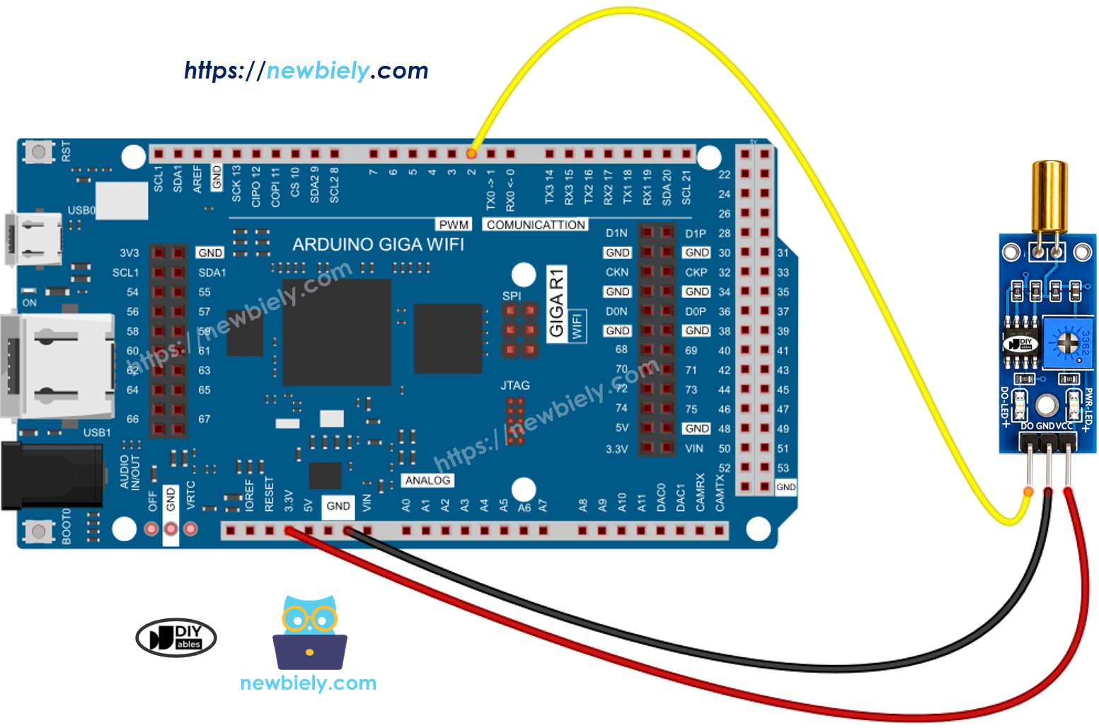 The wiring diagram between Arduino Giga R1 WiFi SW520D Tilt Sensor