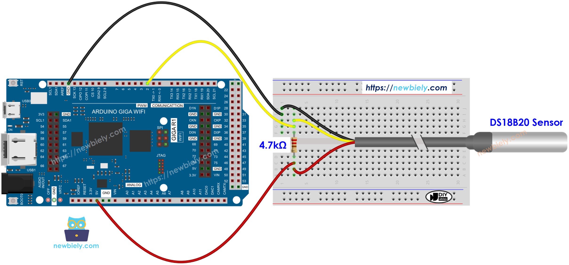 The wiring diagram between Arduino Temperature Sensor
