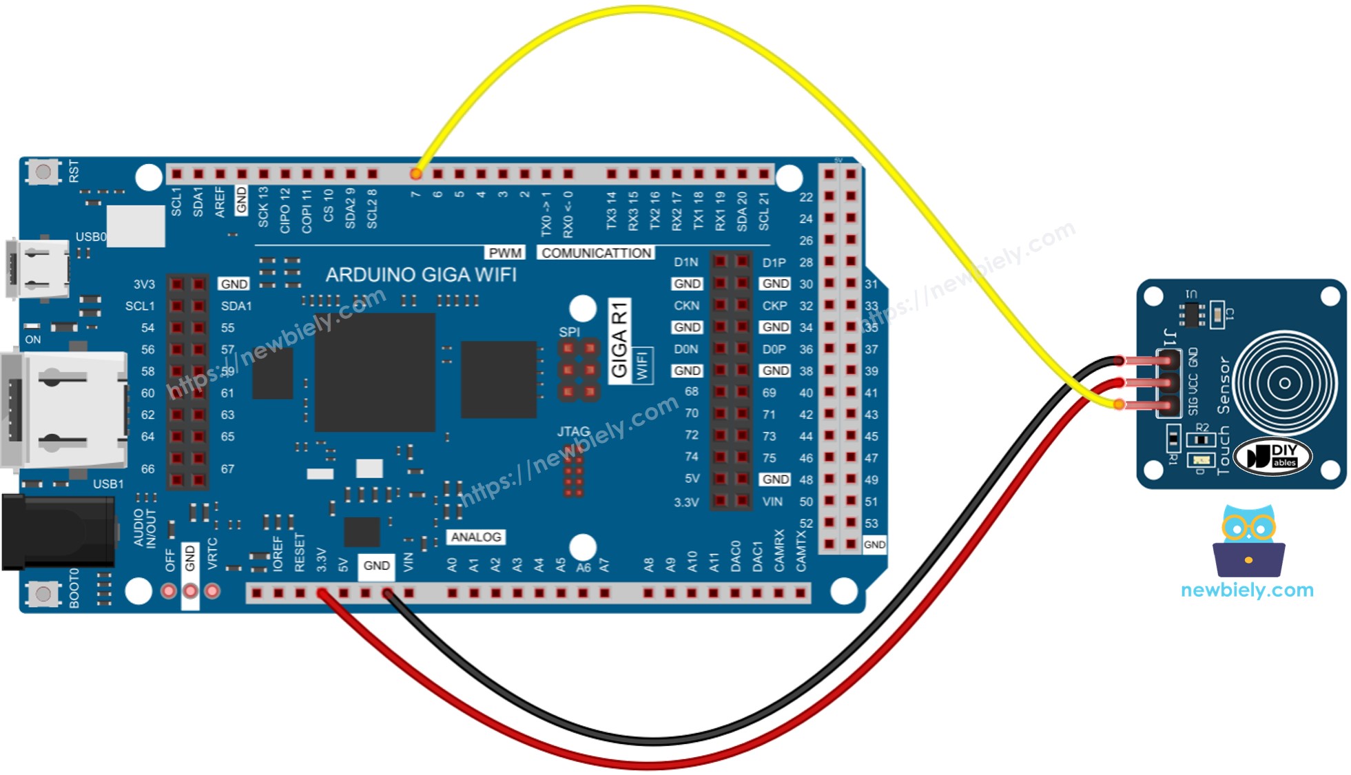 The wiring diagram between Arduino Touch Sensor