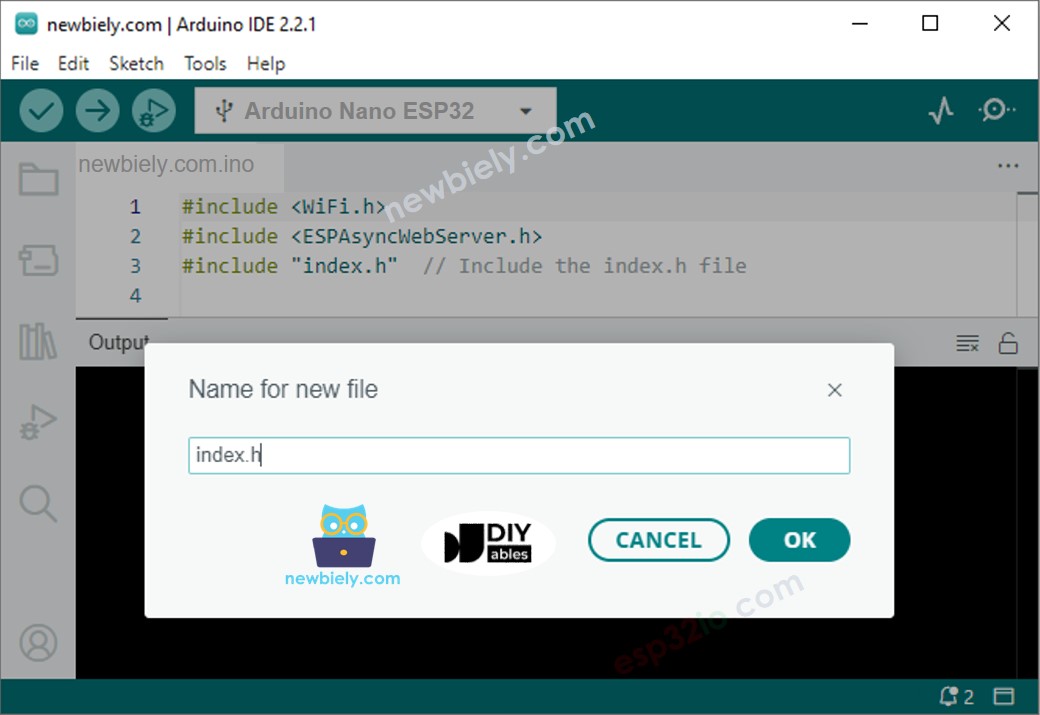 Arduino IDE 2 adds file index.h