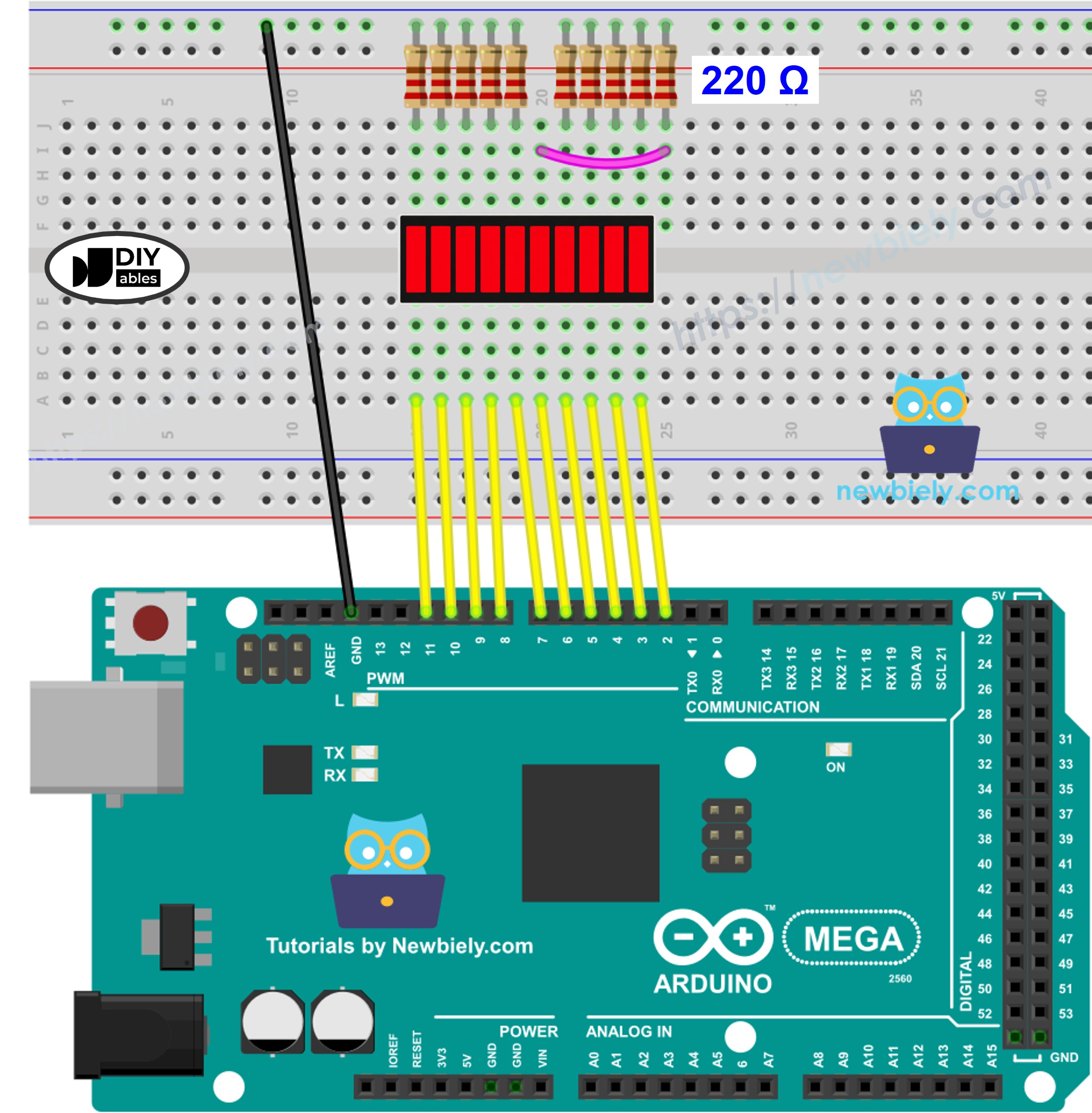 The wiring diagram between Arduino Mega and 10 Segment LED Bar Graph