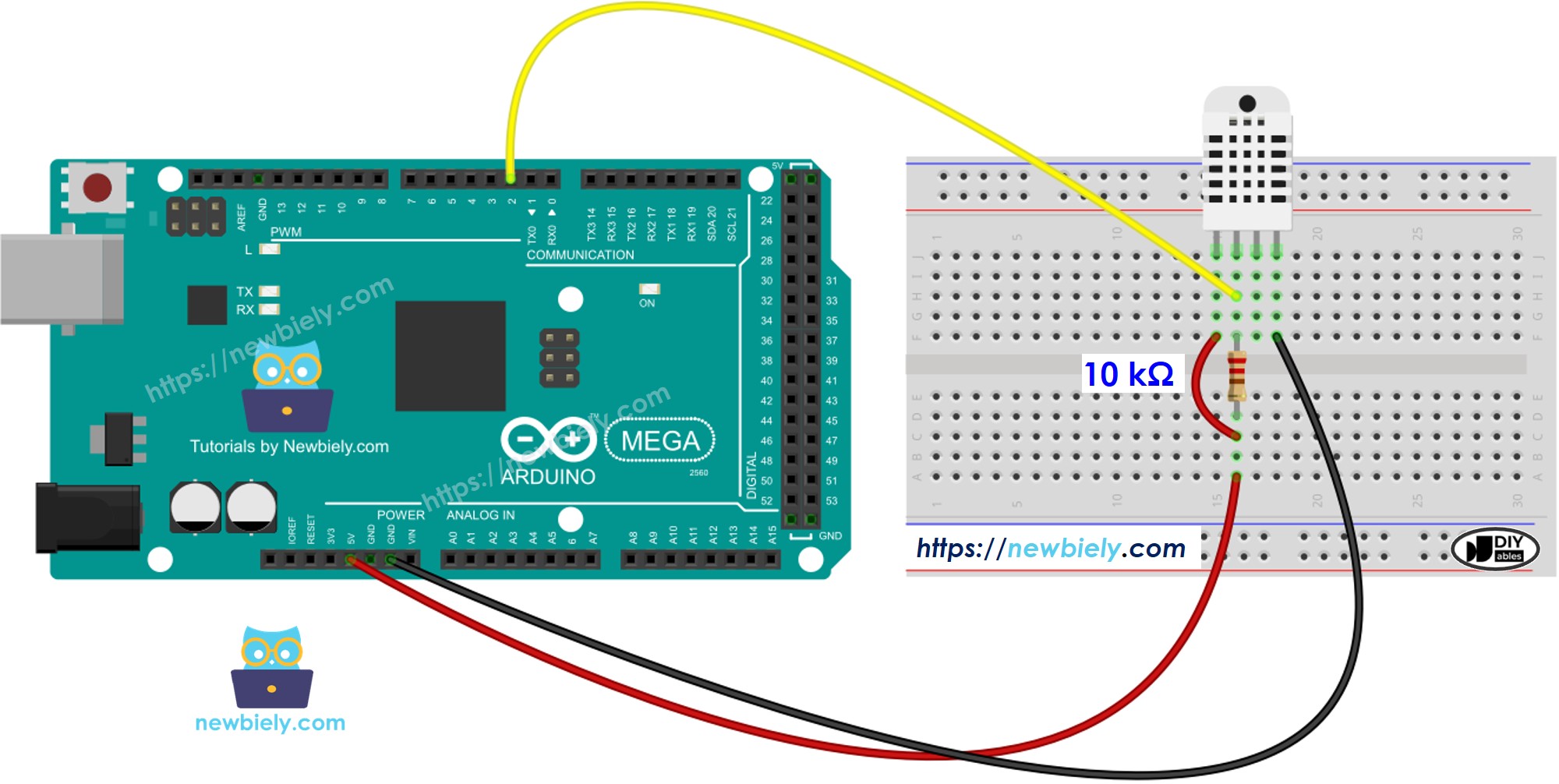 The wiring diagram between Arduino Mega DHT22 Temperature and humidity Sensor