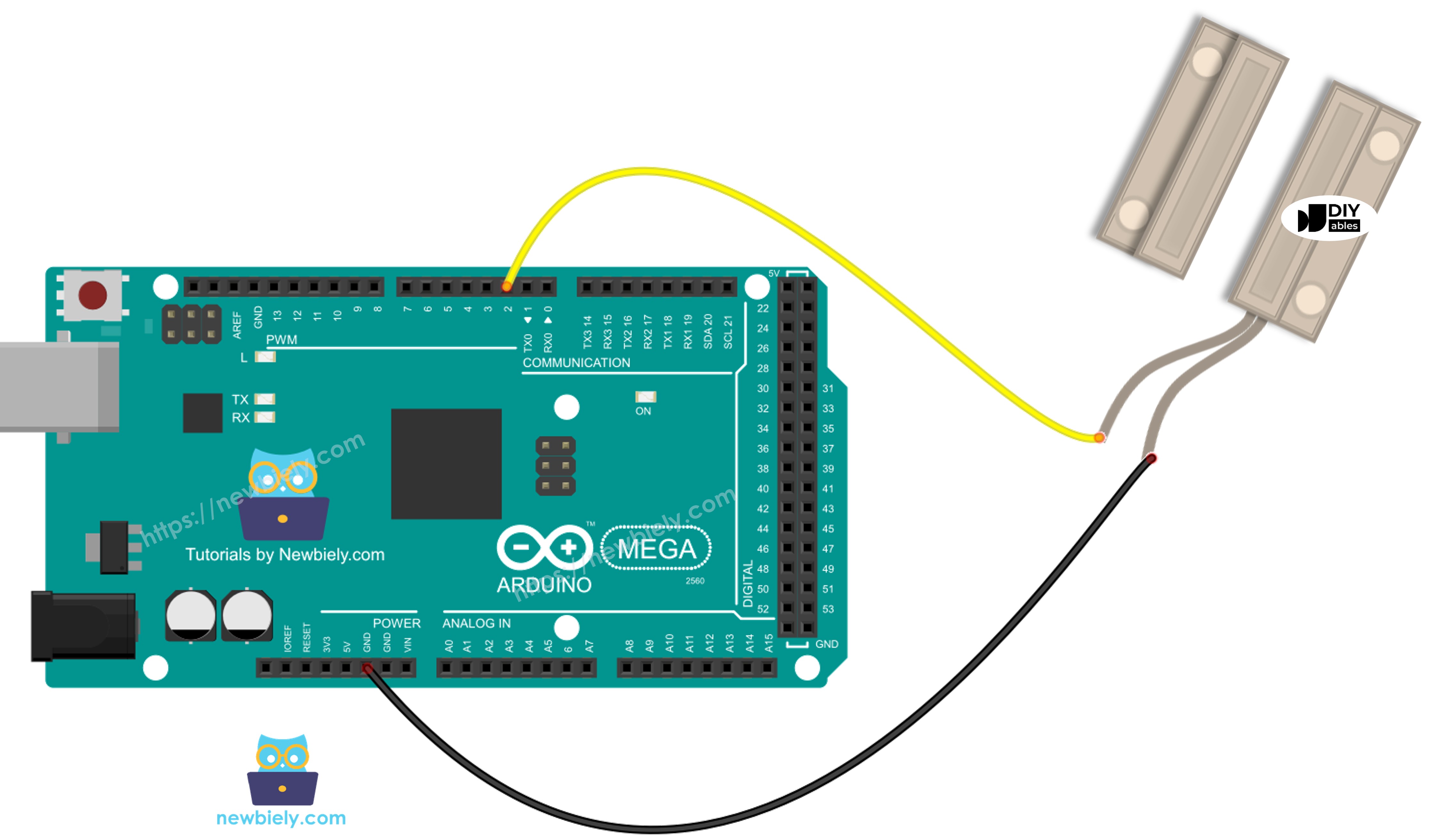 The wiring diagram between Arduino Mega Door Sensor