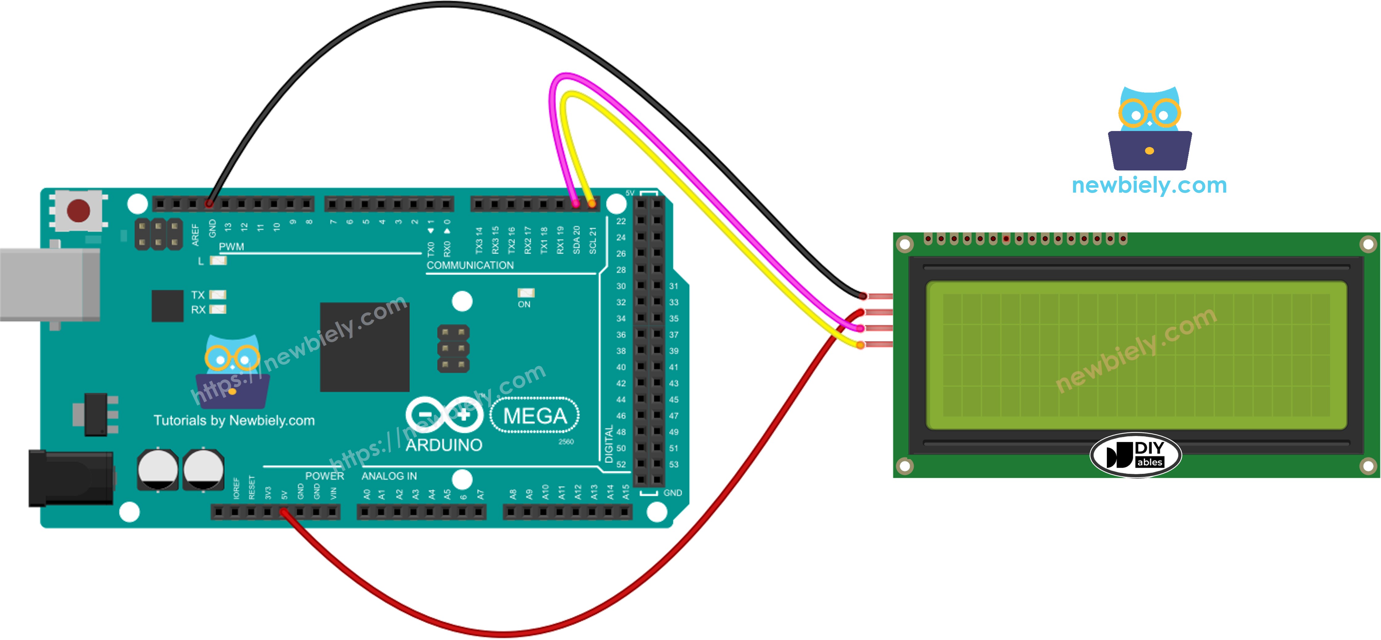 The wiring diagram between Arduino Mega LCD 20x4 I2C