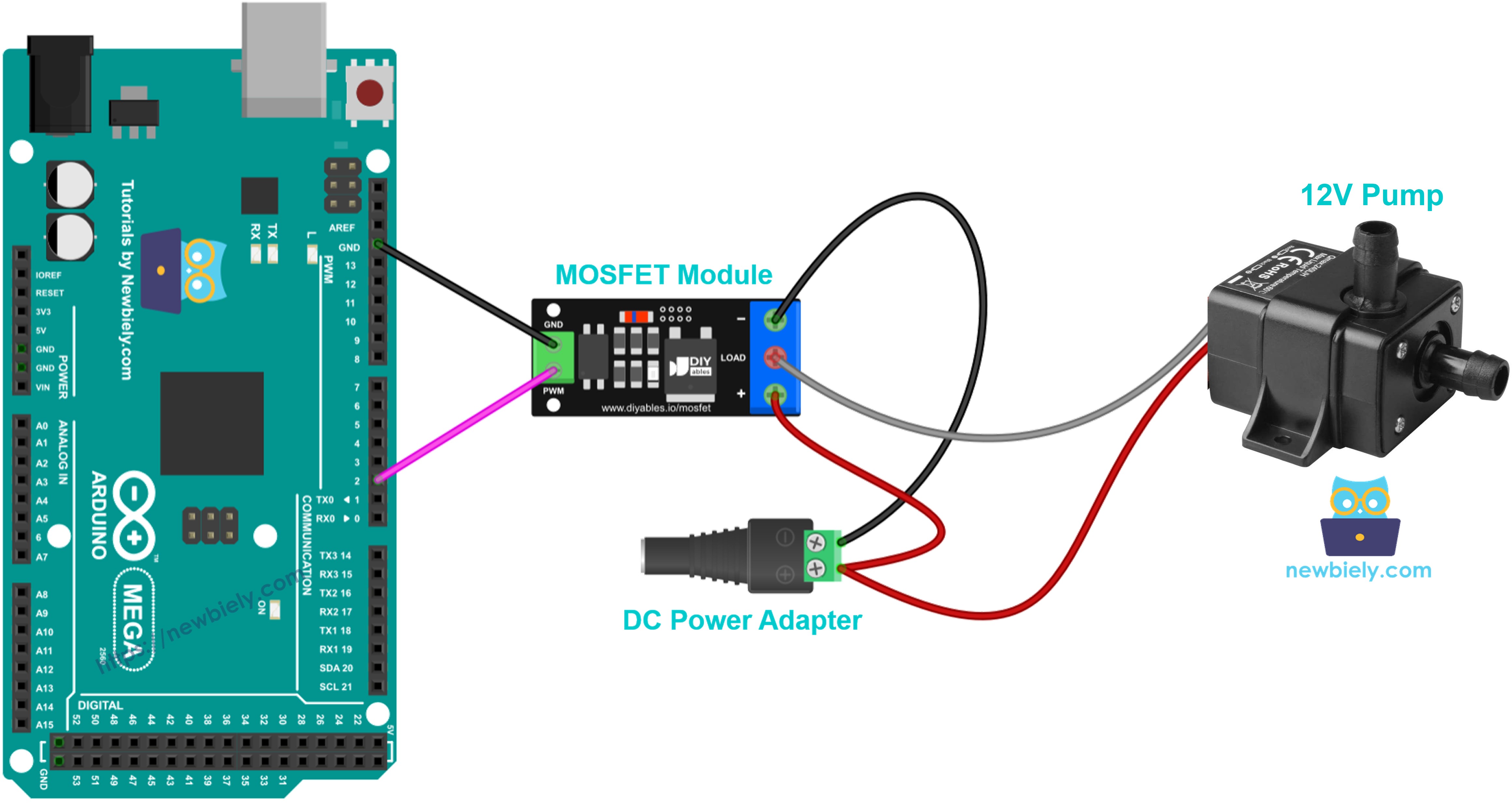 The wiring diagram between MOSFET module 12V water pump
