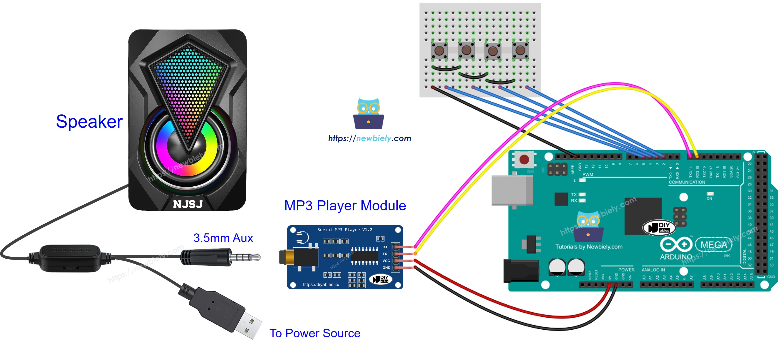 The wiring diagram between Arduino Mega MP3 player speaker