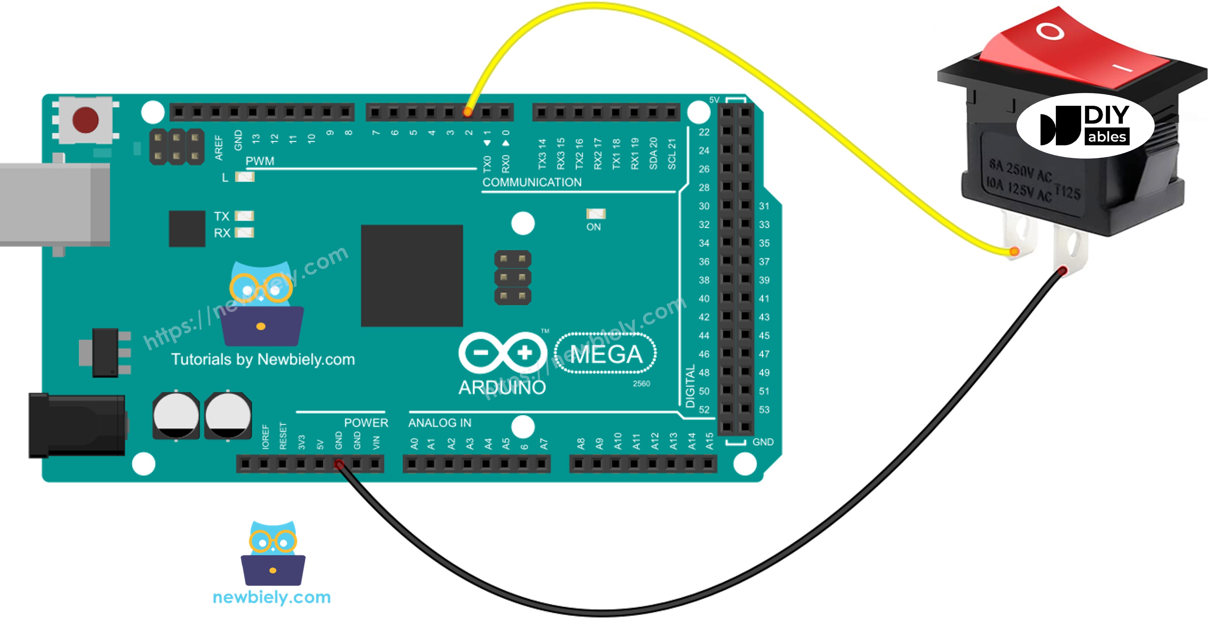 The wiring diagram between Arduino Mega ON/OFF Switch