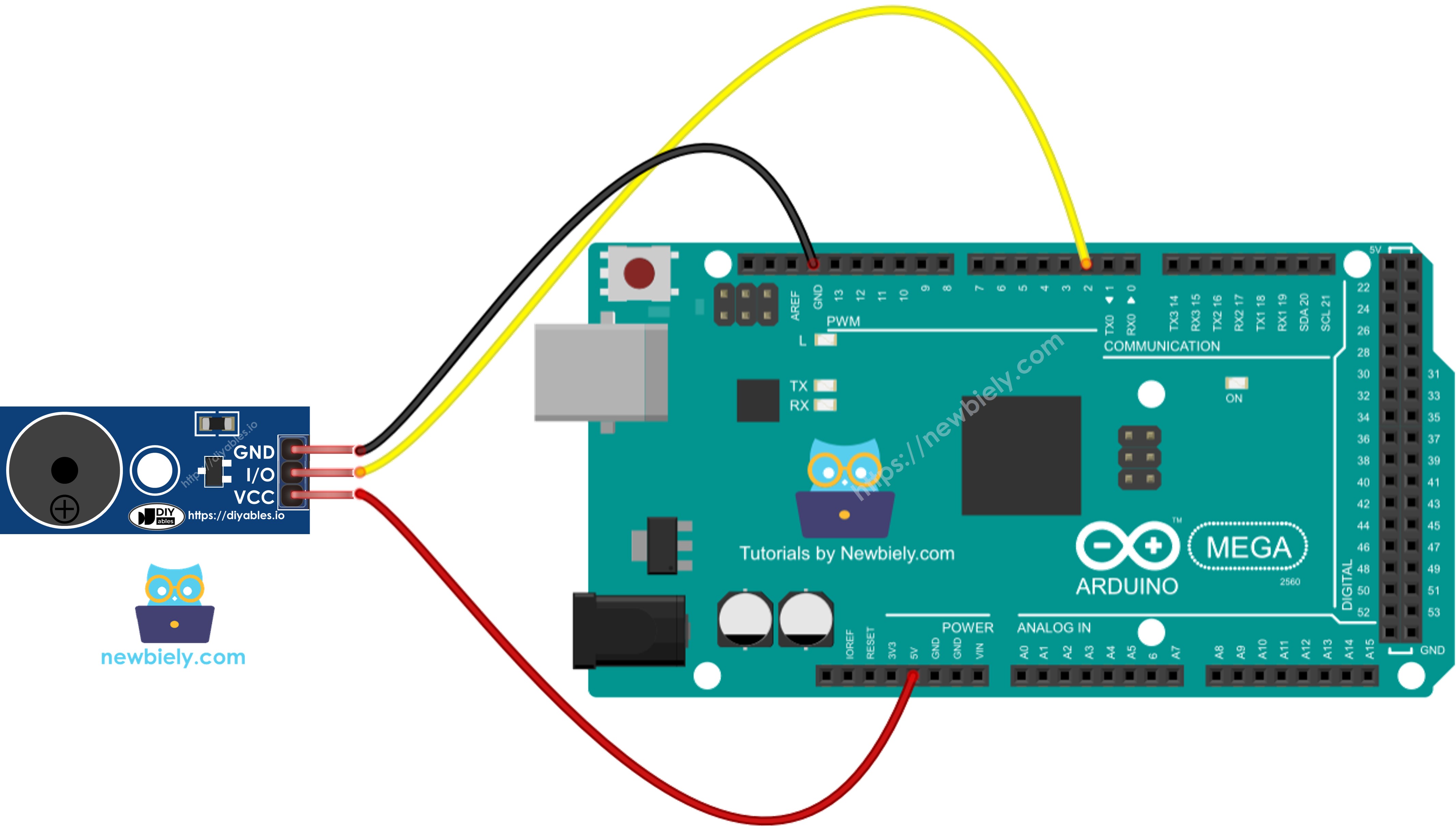 The wiring diagram between Arduino Mega Buzzer Module