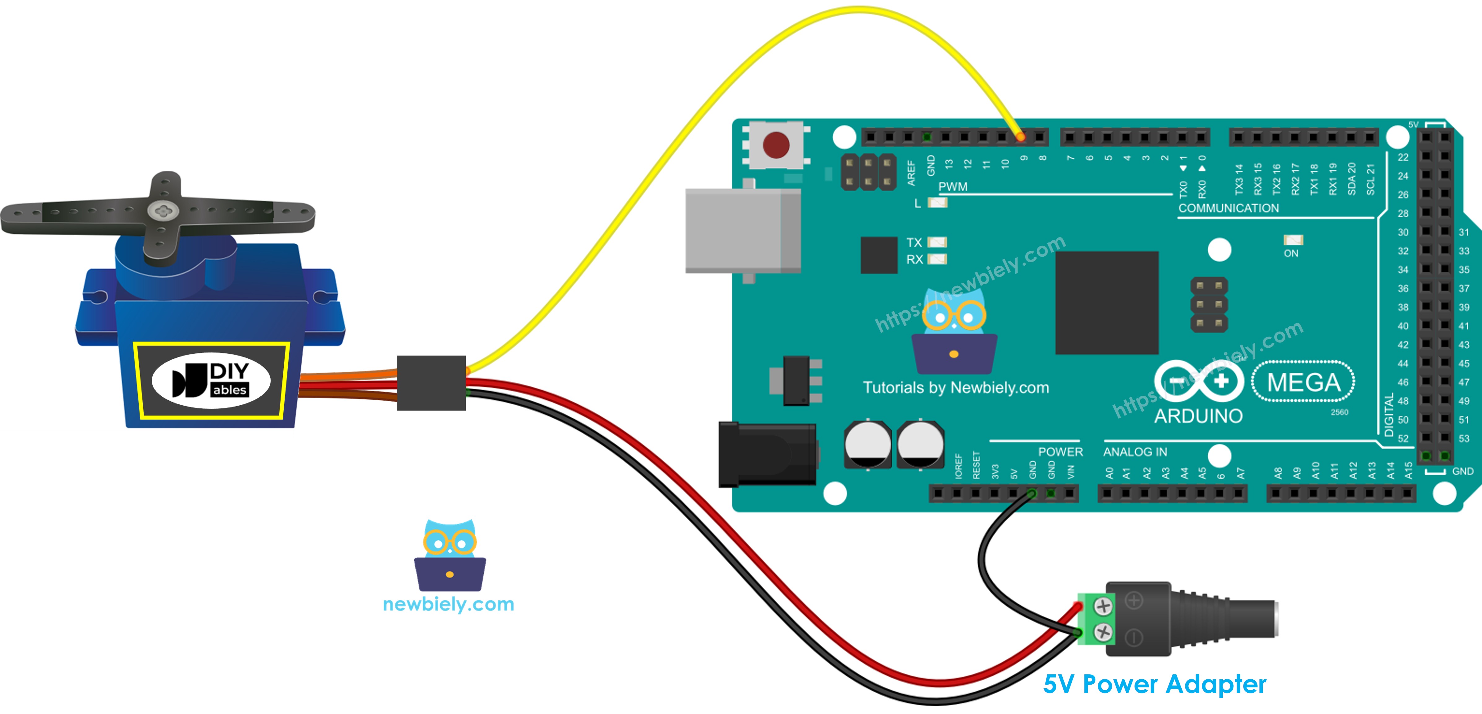 The wiring diagram between Arduino Mega servo motor external power supply