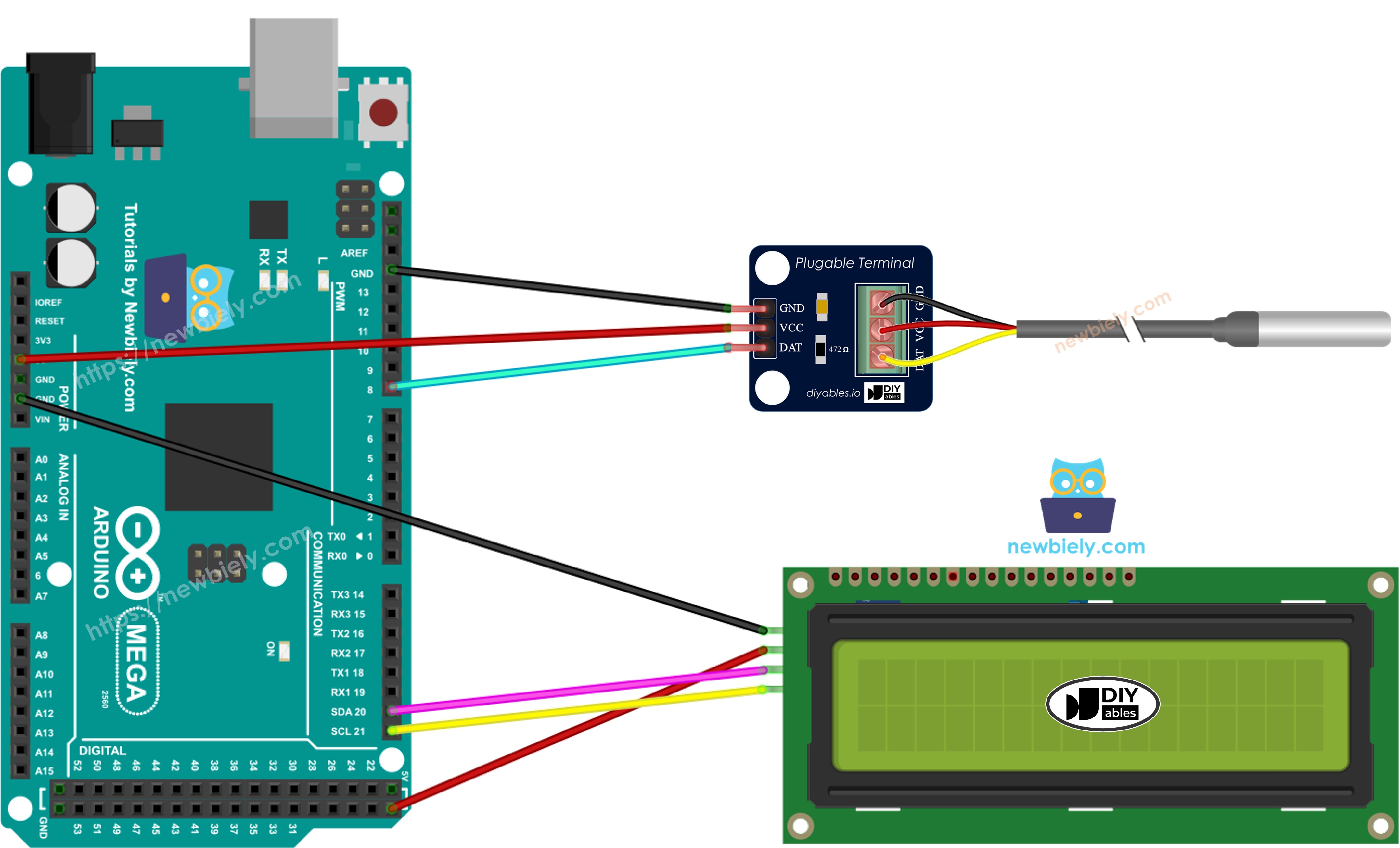 The wiring diagram between Arduino Mega Temperature Sensor LCD
