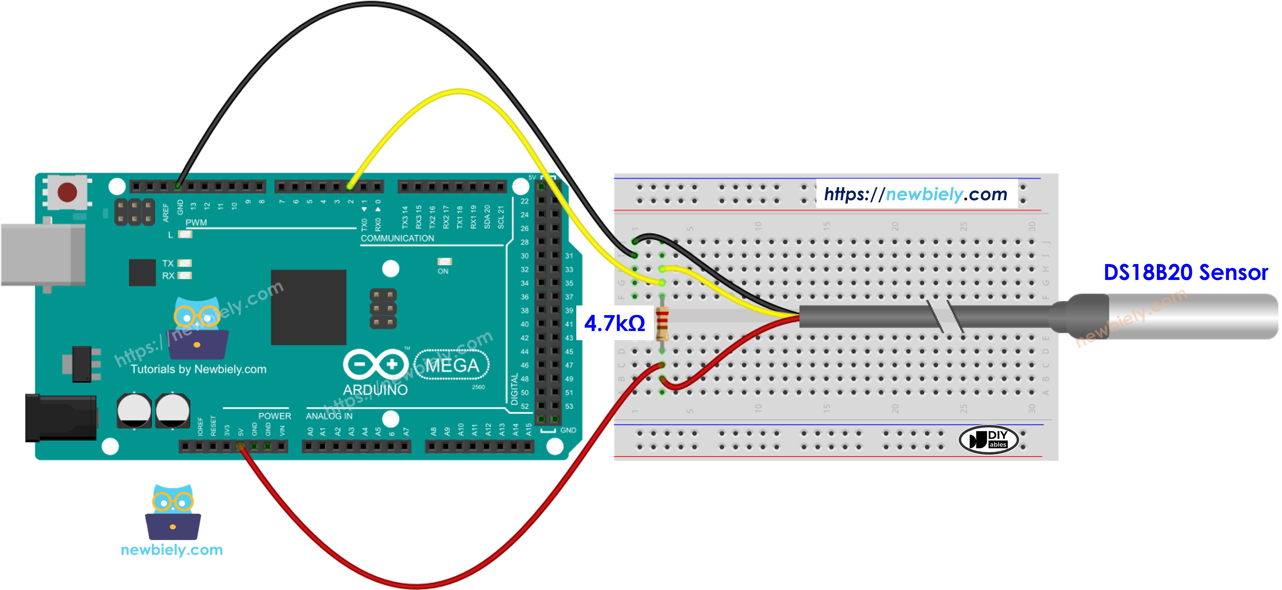 The wiring diagram between Arduino Mega Temperature Sensor