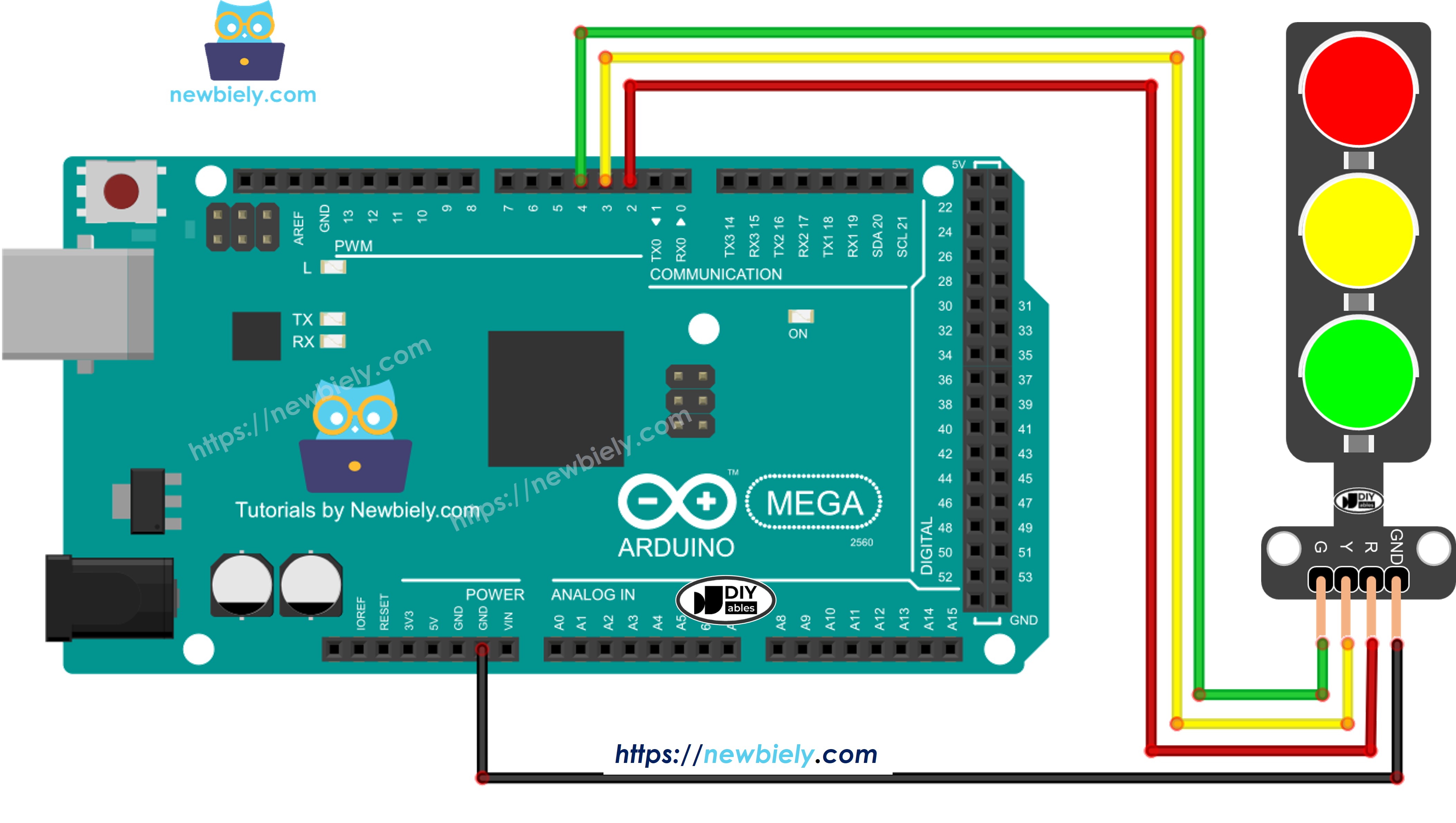 The wiring diagram between Arduino Mega traffic light