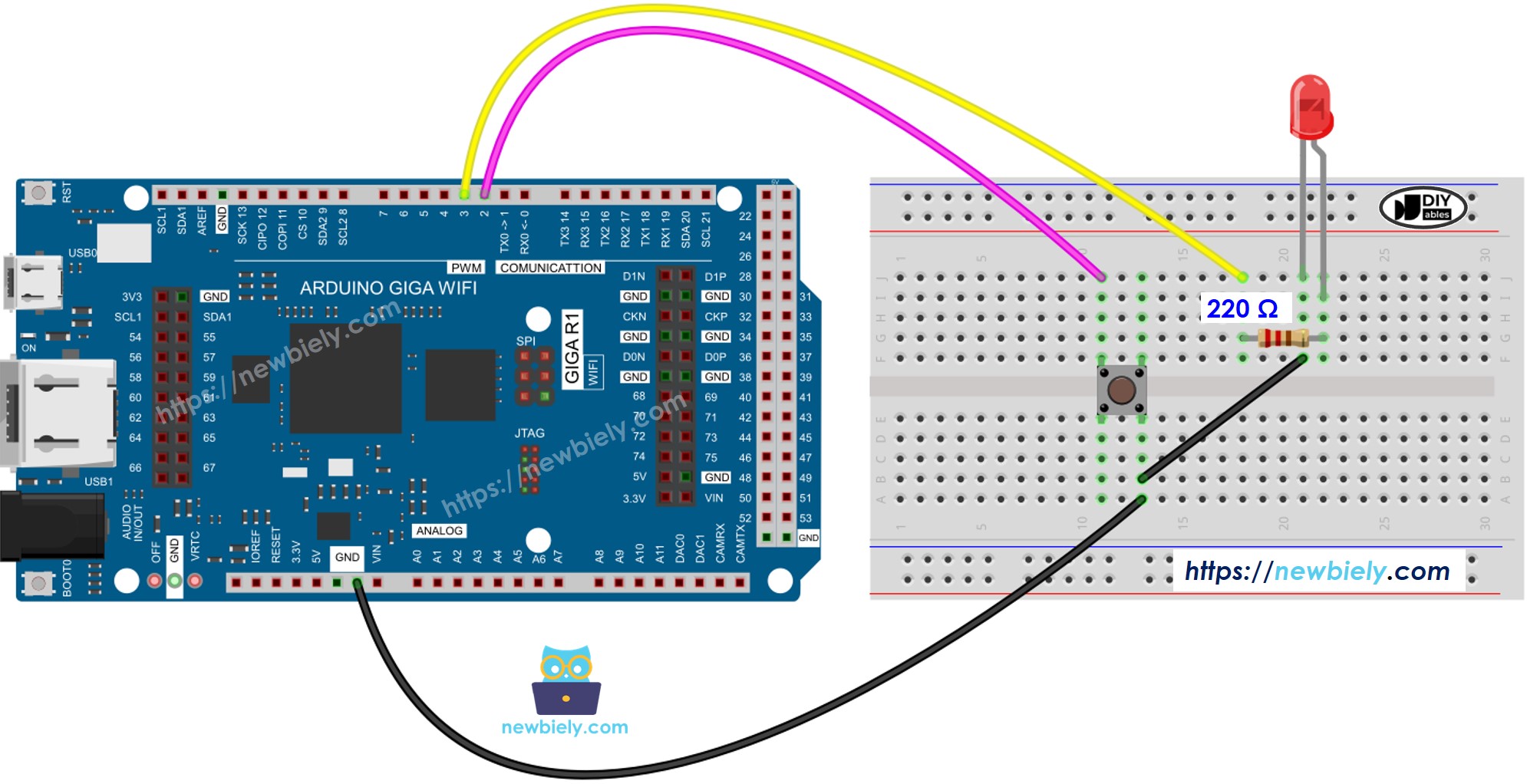 The wiring diagram between Arduino MicroPython Button LED