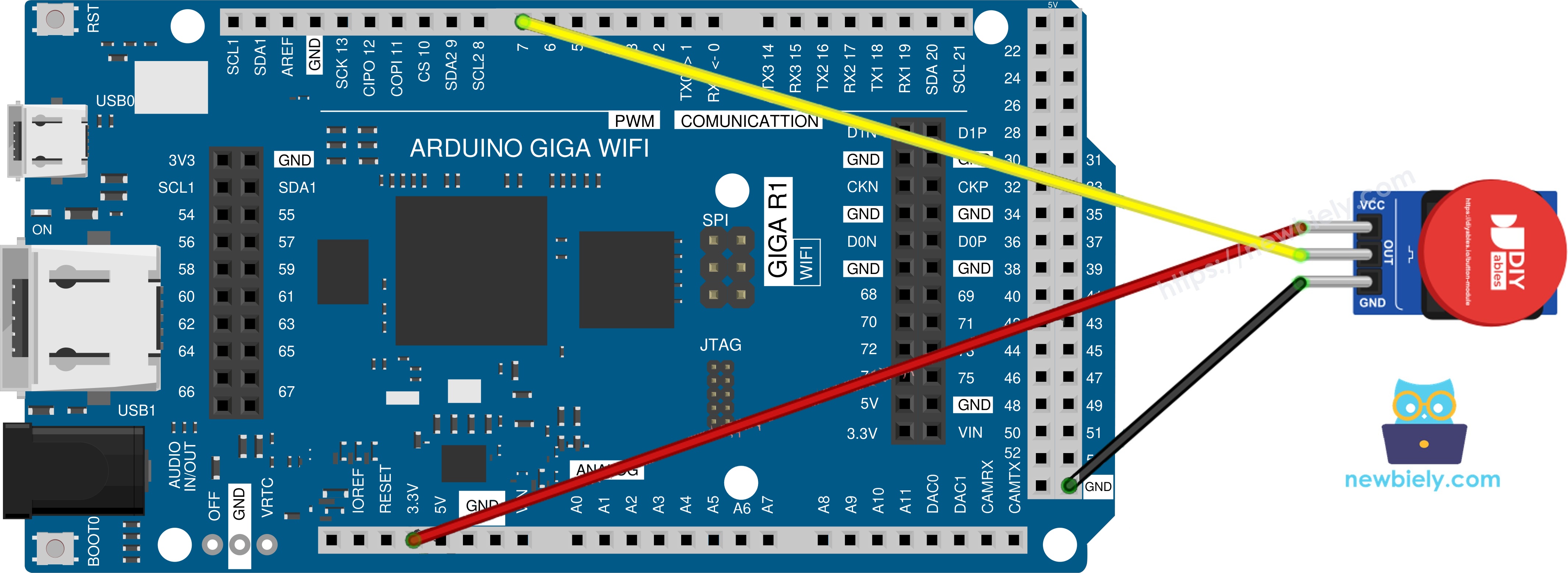 The wiring diagram between Arduino MicroPython Button Module
