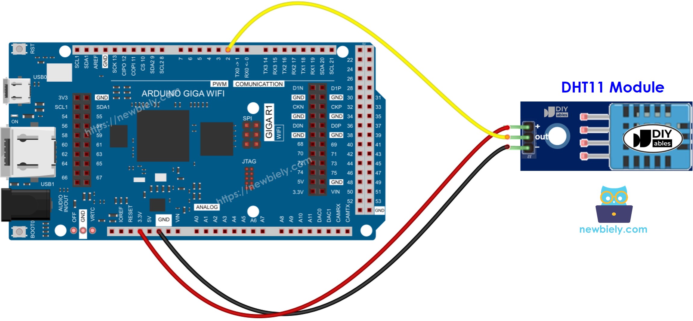 The wiring diagram between Arduino MicroPython DHT11 Temperature and humidity Module