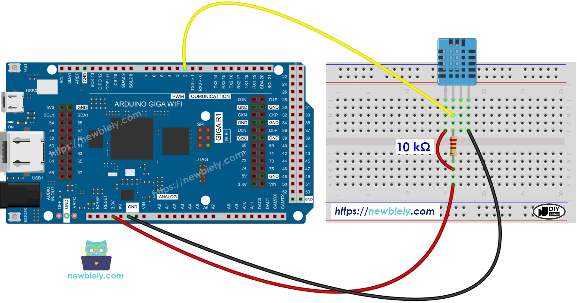 The wiring diagram between Arduino MicroPython DHT11 Temperature and humidity Sensor