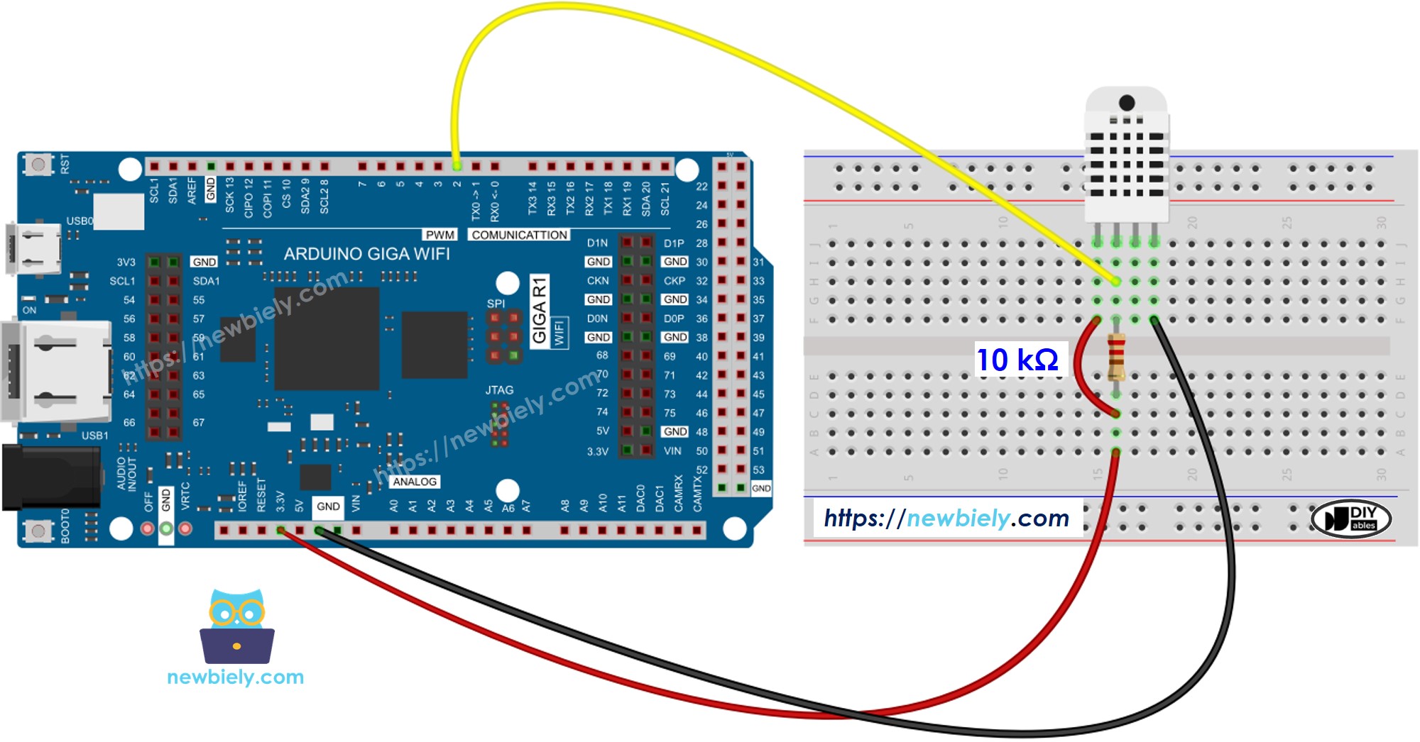 The wiring diagram between Arduino MicroPython DHT22 Temperature and humidity Sensor