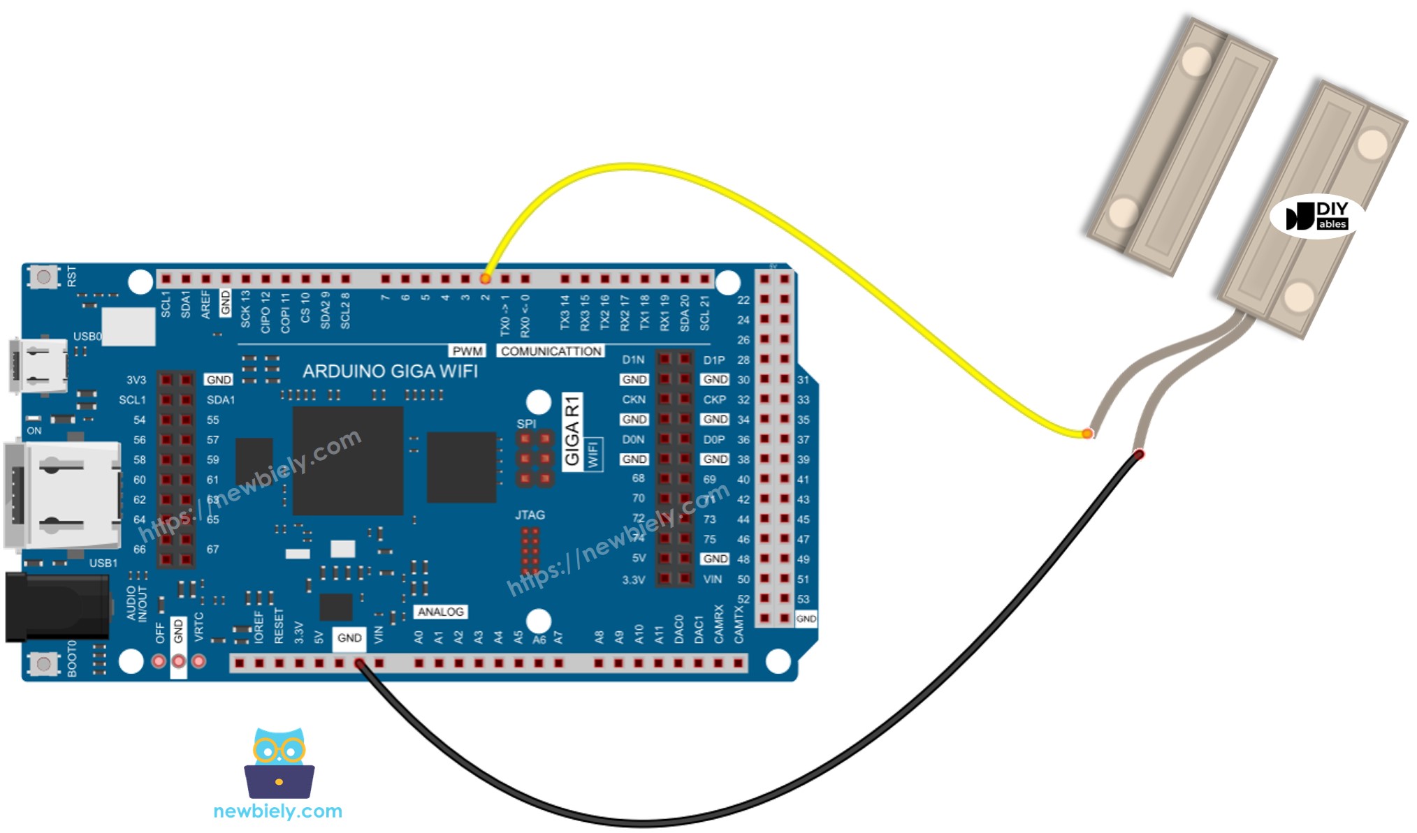 The wiring diagram between Arduino MicroPython Door Sensor