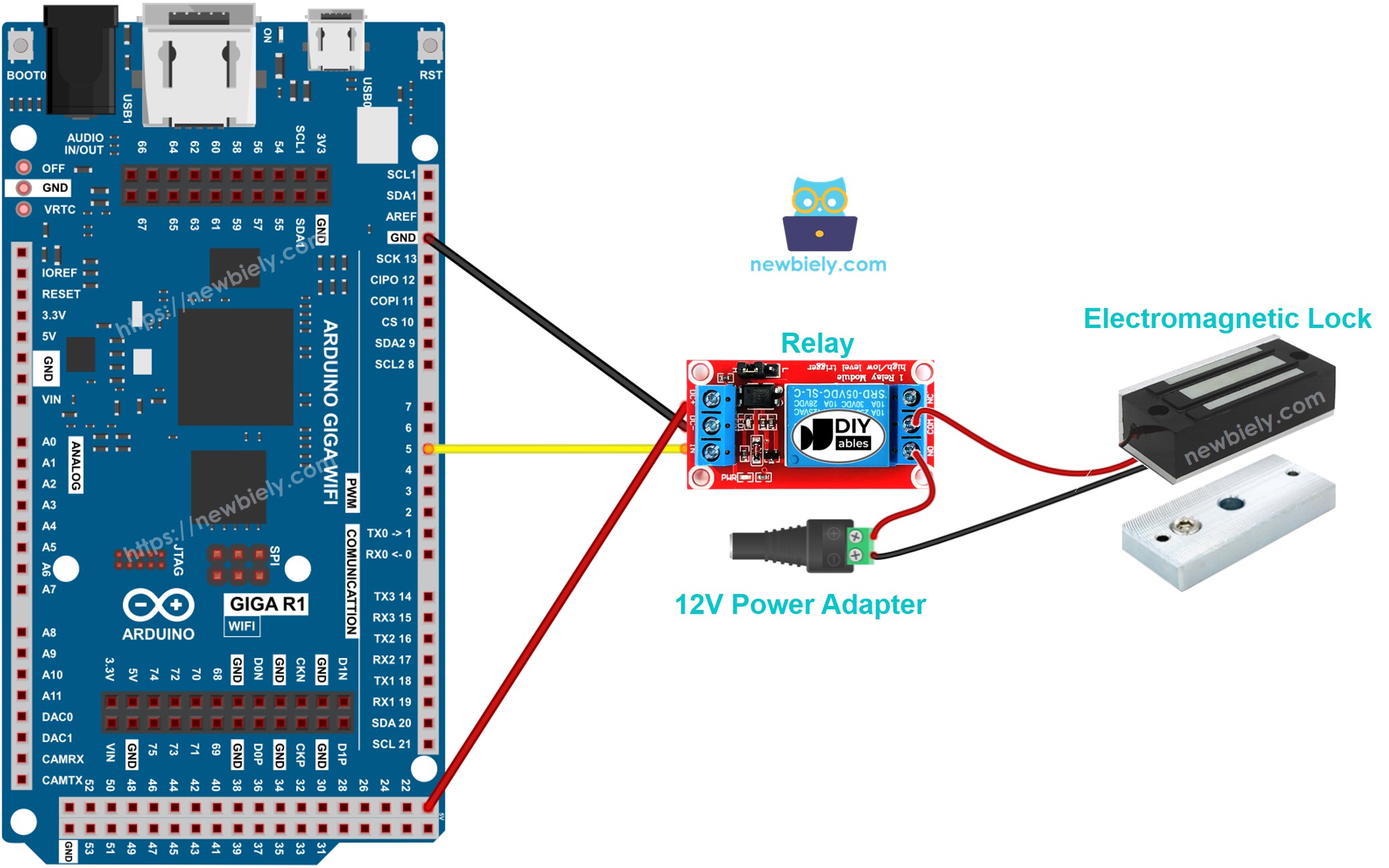 The wiring diagram between Arduino MicroPython Electromagnetic Lock