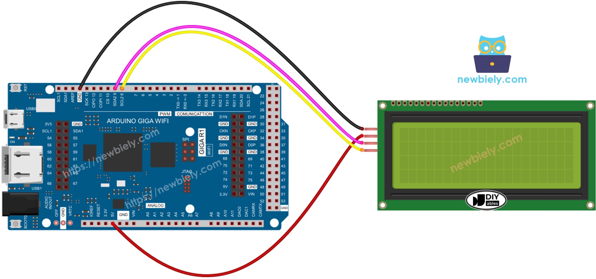 The wiring diagram between Arduino MicroPython LCD 20x4 I2C