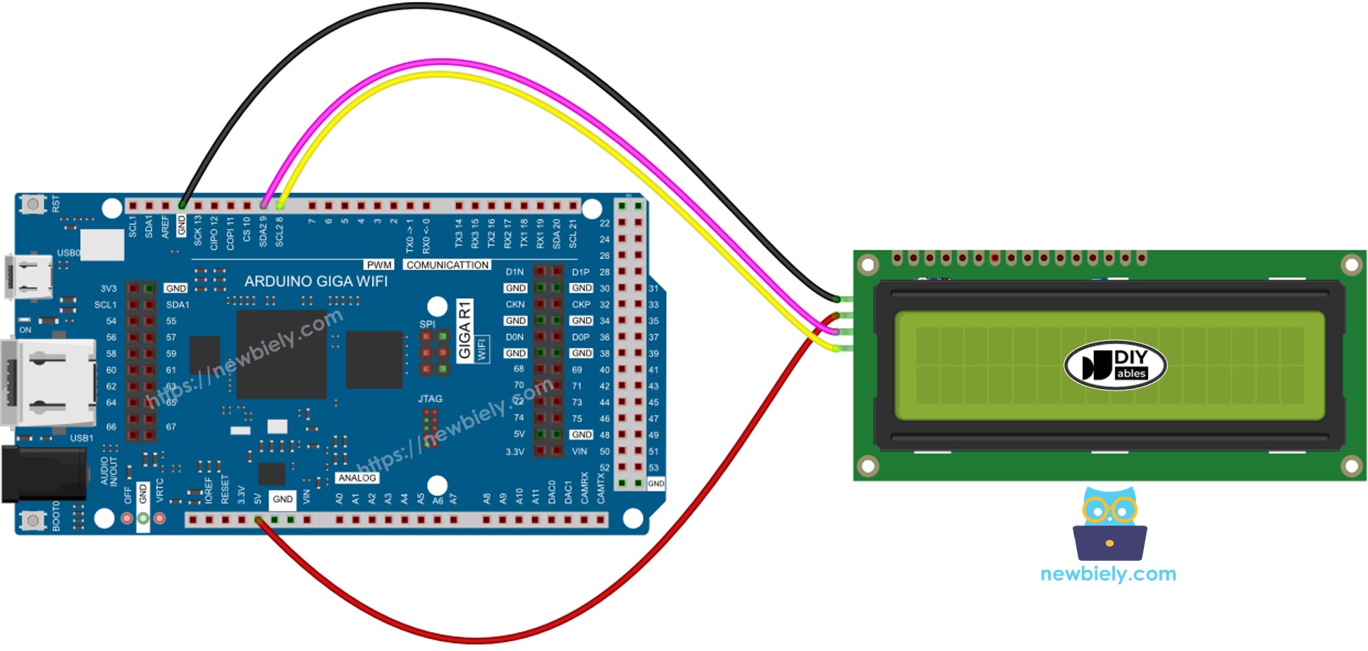 The wiring diagram between Arduino MicroPython LCD I2C