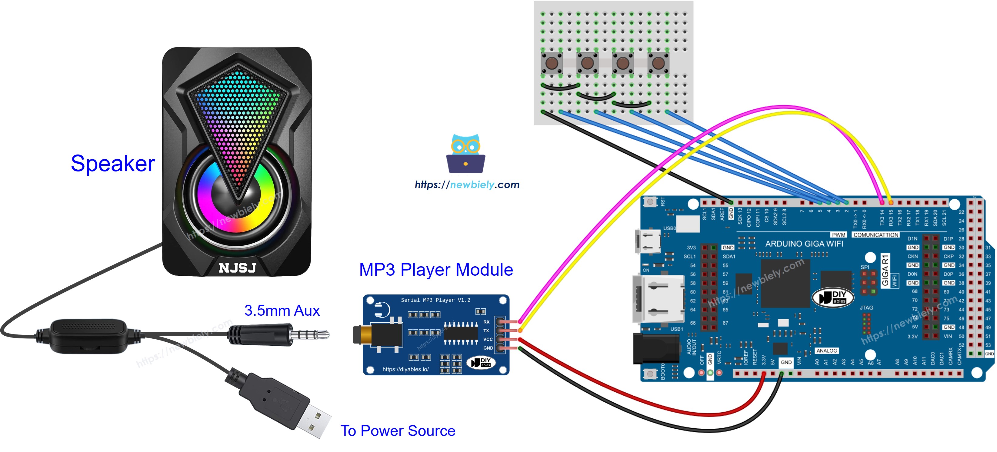 The wiring diagram between Arduino MicroPython MP3 player speaker