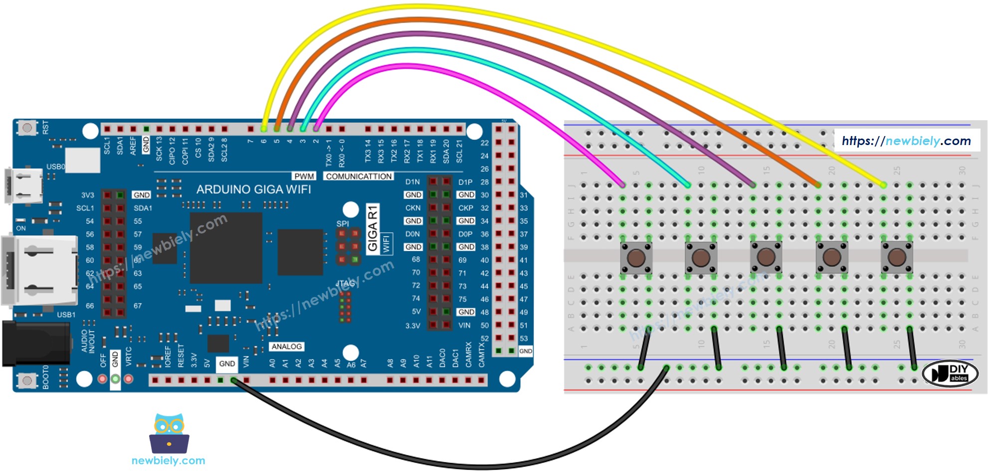 The wiring diagram between Arduino MicroPython 5 buttons