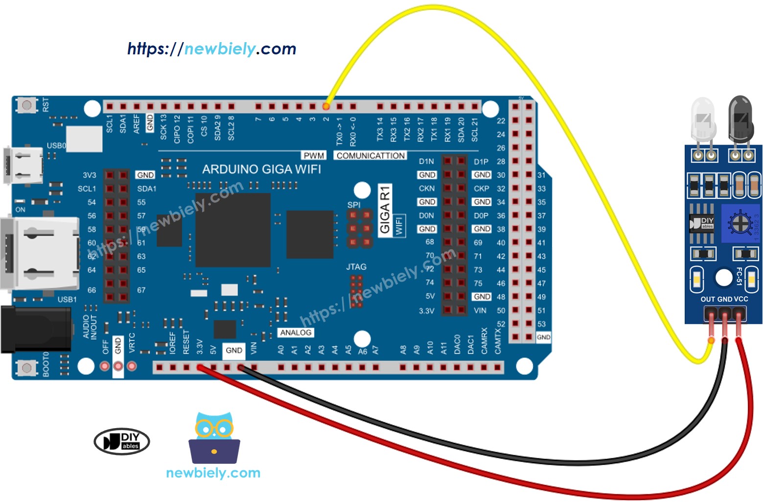 The wiring diagram between Arduino MicroPython IR Obstacle Avoidance Sensor