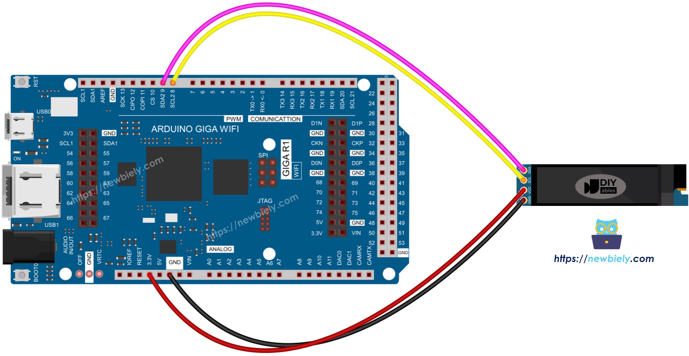 The wiring diagram between Arduino MicroPython OLED 128x32