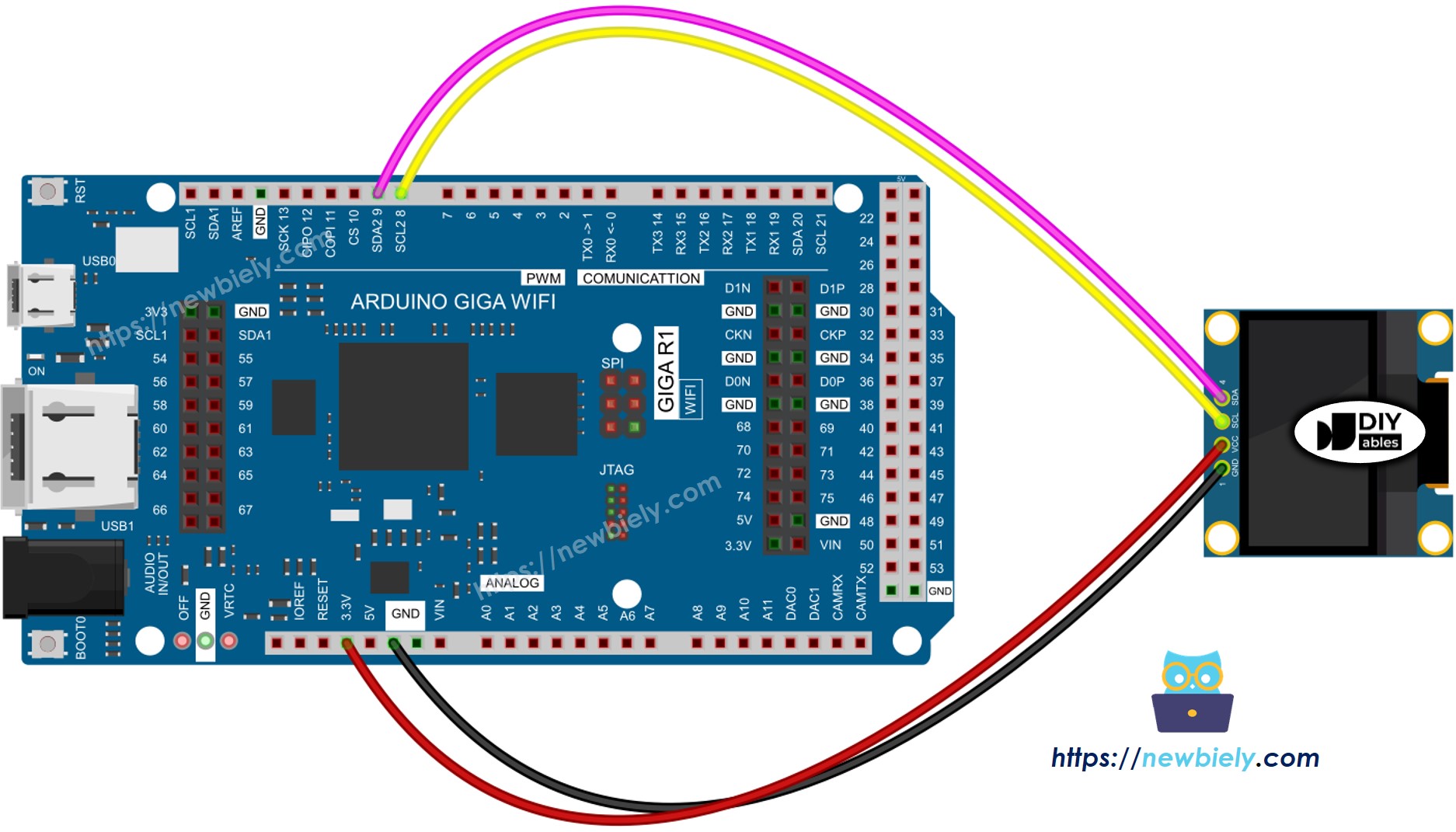 The wiring diagram between Arduino MicroPython OLED 128x64